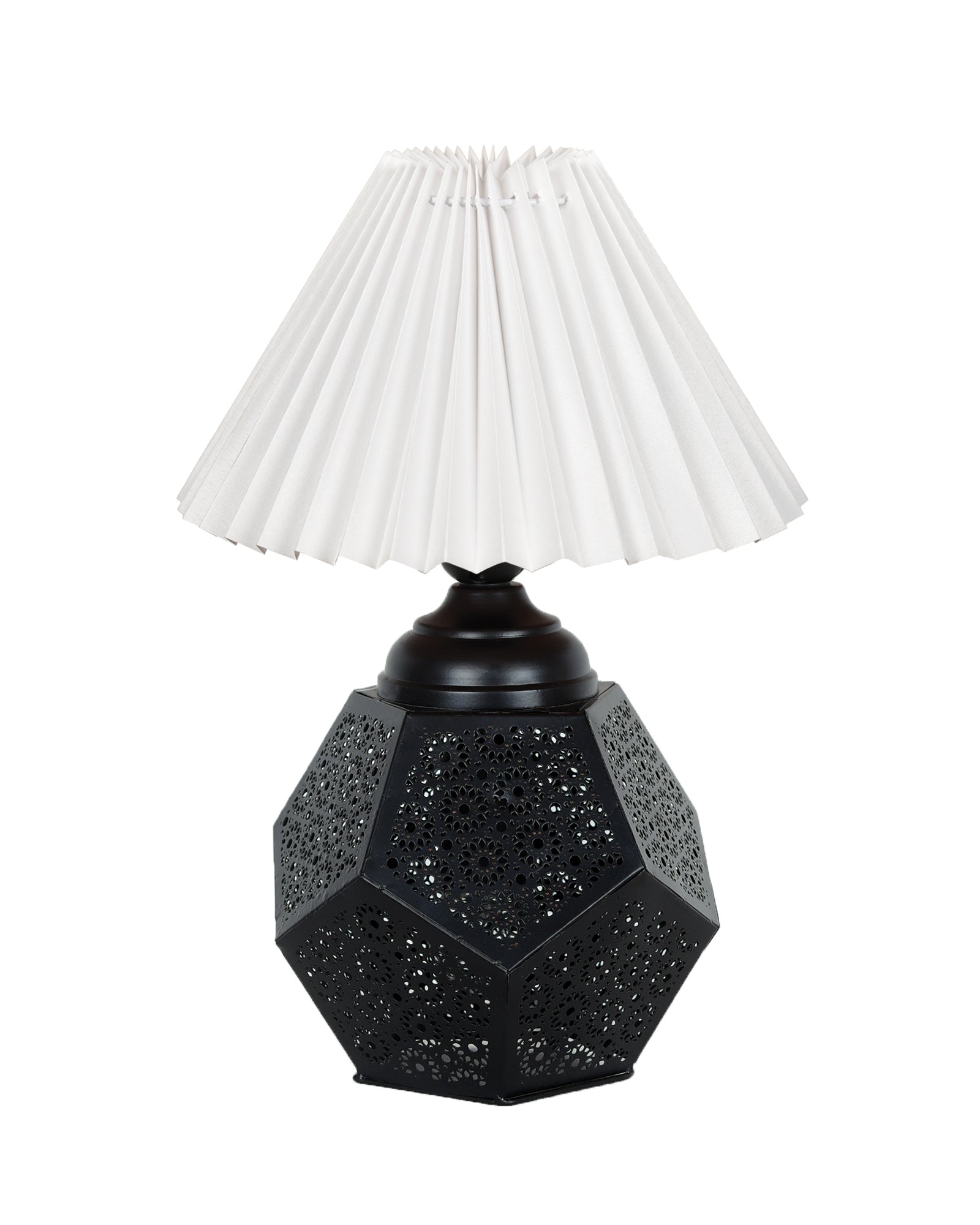 Black Turkish Table Lamp,Small Nightstand Bedside Lamp for Bedroom,Modern Desk Lamp with Fabric Shade Jaali Metal Base for Living Room Study Office Farmhouse, Hexa Base, Pleated Grey Shade