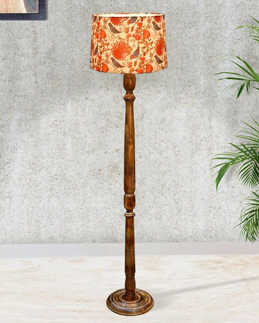 Rustic Wood Floor Lamp in Walnut Brown with Multicolor Fabric Lamp Shade | Light Decoration for Home Corner | Living Room & Bedroom Bedside Floor Lamp, Antique Floor Light, Hurricane, Bird