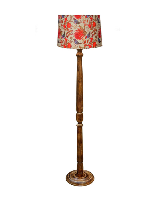 Rustic Wood Floor Lamp in Walnut Brown with Multicolor Fabric Lamp Shade | Light Decoration for Home Corner | Living Room & Bedroom Bedside Floor Lamp, Antique Floor Light, Hurricane, Bird