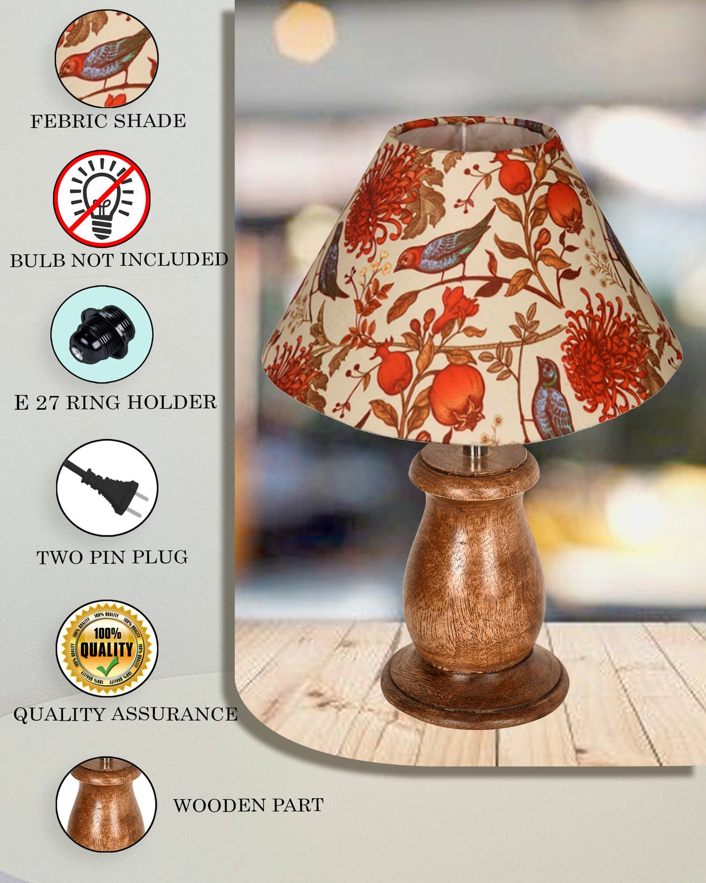 Mid Century Single Table Lamp for Living Room Farmhouse Linen Bedside Lamps for Bedroom Kids Room Dorm Office Mini-Guard, Walnut, Birds Cone