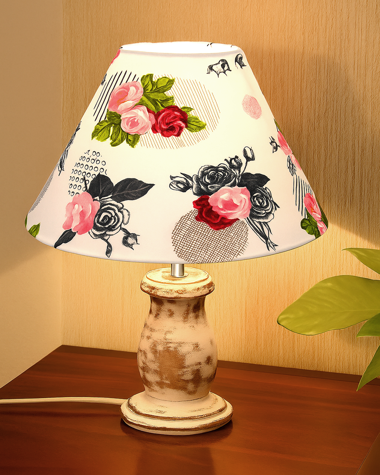 Mid Century Single Table Lamp for Living Room Farmhouse Linen Bedside Lamps for Bedroom Kids Room Dorm Office Mini-Guard, Whitewash, Birds Cone