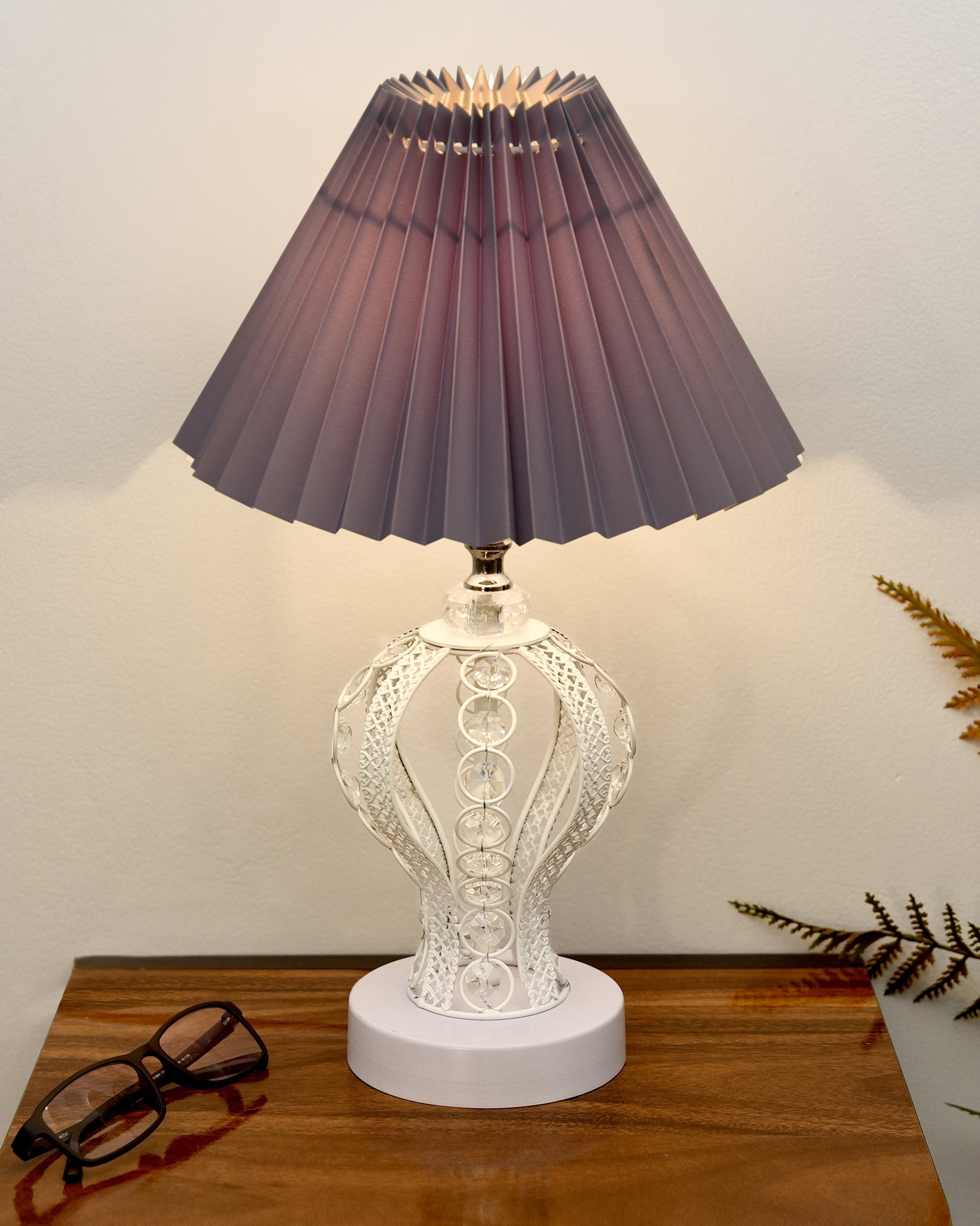 Modern Round Small Crystal Table Lamp,Contemporary Bedroom Bedside Nightstand Lamp,Desk Globe Lamp for Living Room Girls Kids Room, Strippy Vase , Grey Pleated