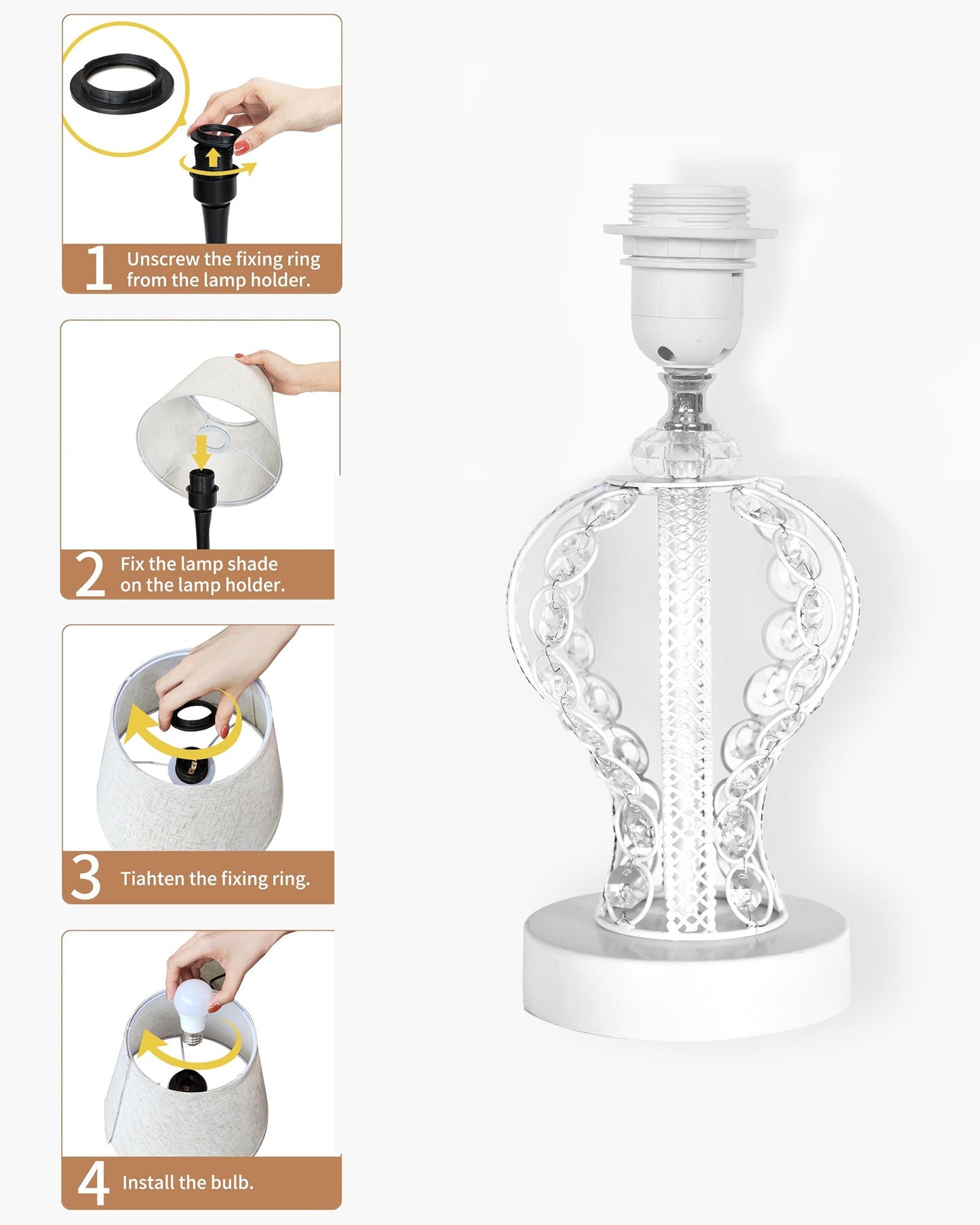 Modern Round Small Crystal Table Lamp,Contemporary Bedroom Bedside Nightstand Lamp,Desk Globe Lamp for Living Room Girls Kids Room, Goglet, White Cone
