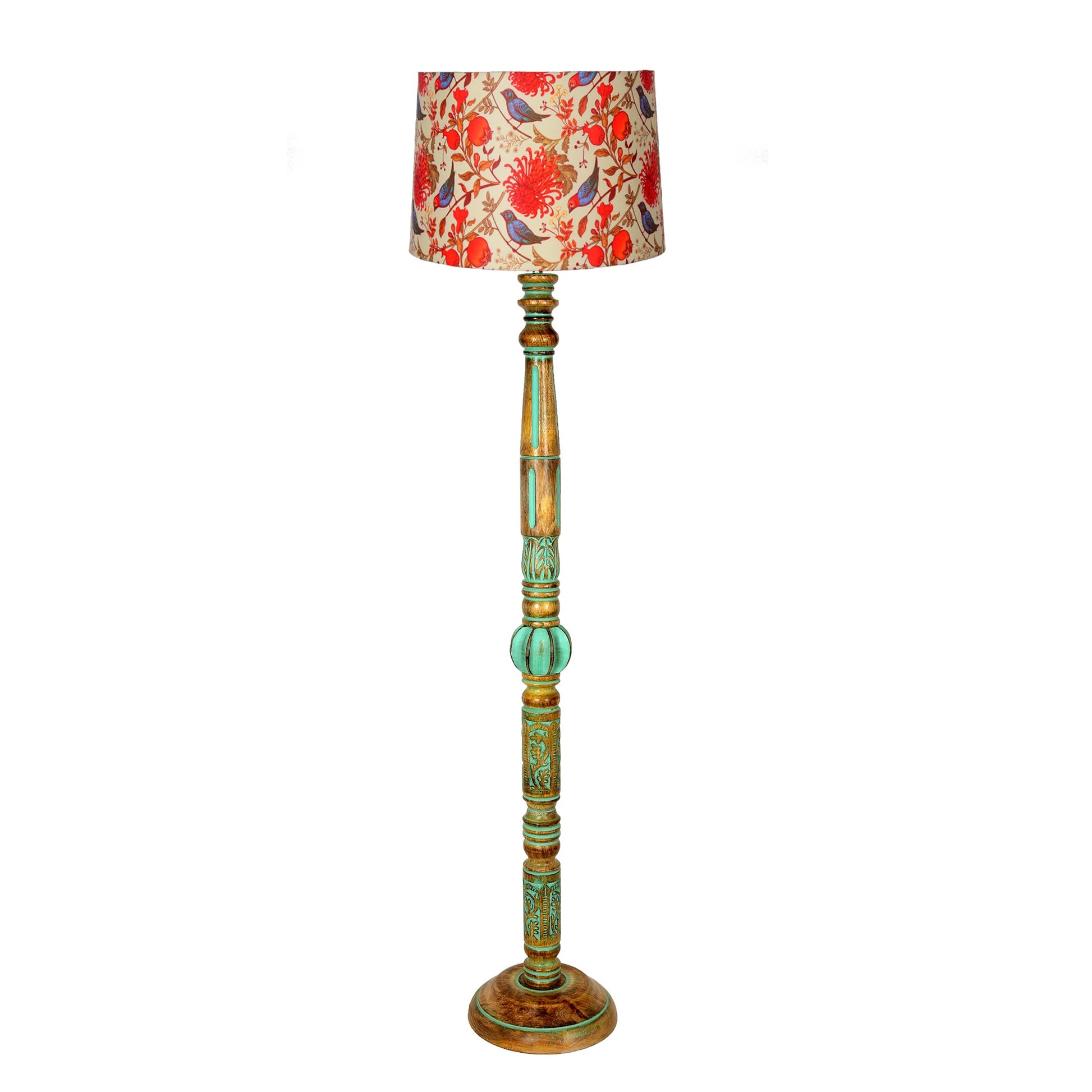 Royal Carving Antique Algae finish wooden floor lamp with Fabric Bird Shade