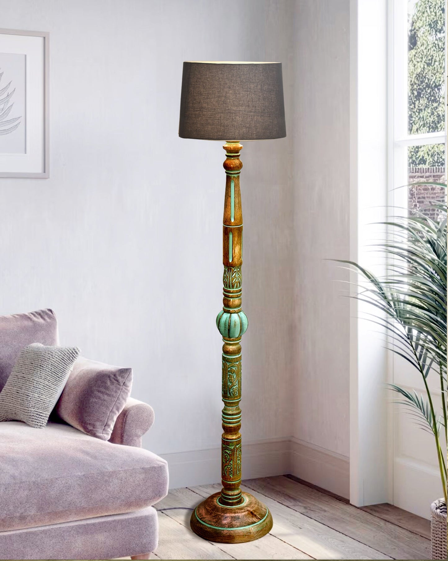 Royal Carving Antique Algae finish wooden floor lamp with Fabric Bird Shade