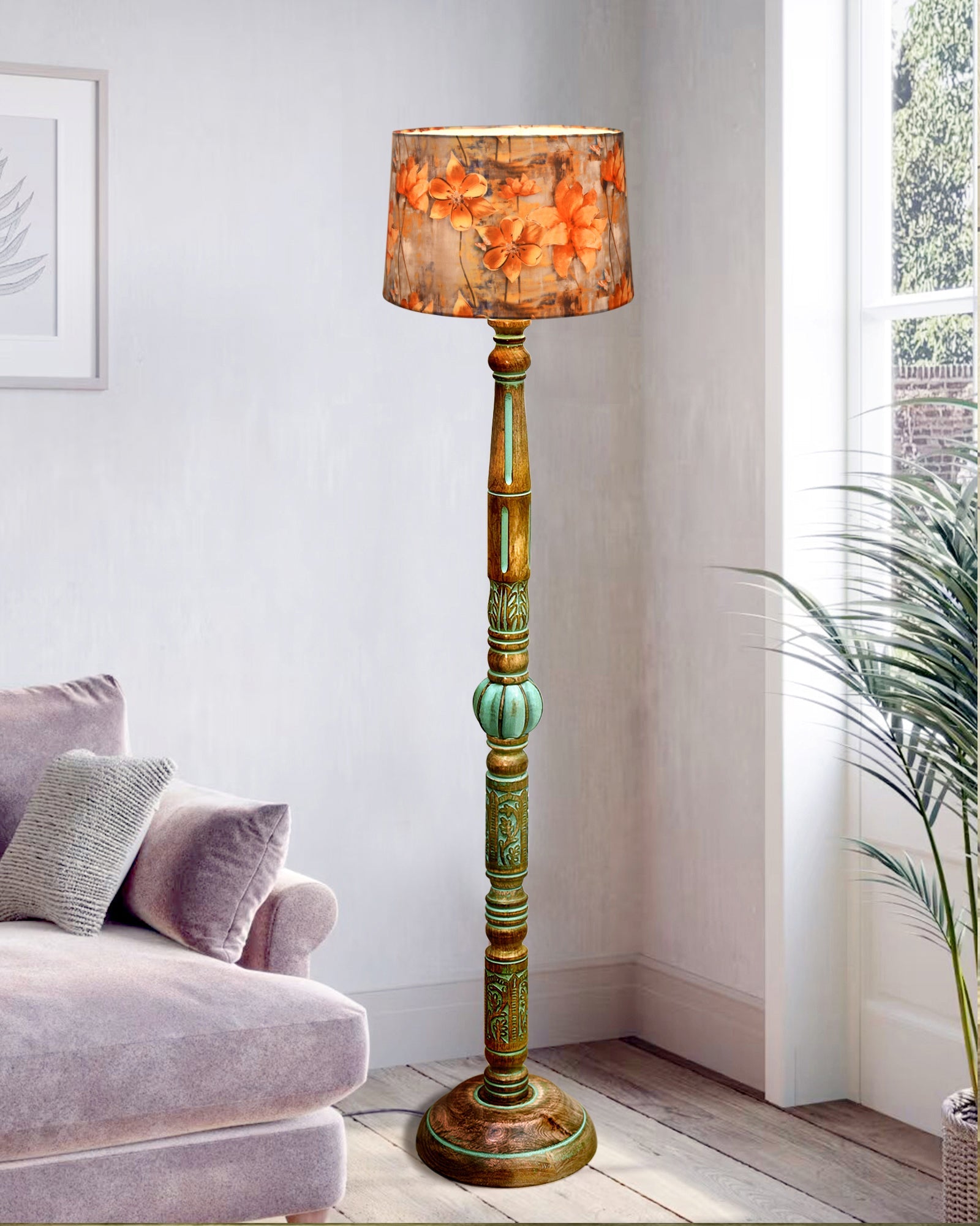 Royal Carving Antique Algae finish wooden floor lamp with Fabric Bird Shade