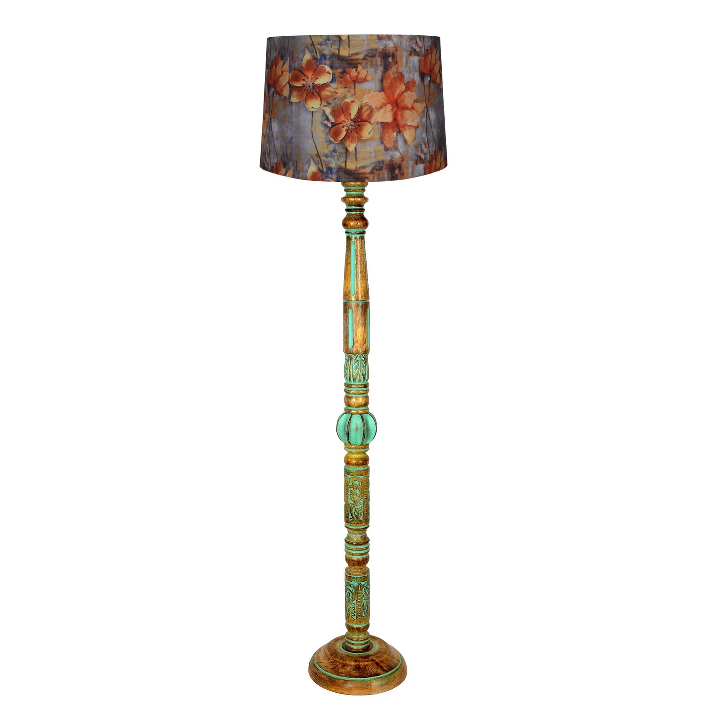 Royal Carving Antique Algae finish wooden floor lamp with Fabric Bird Shade