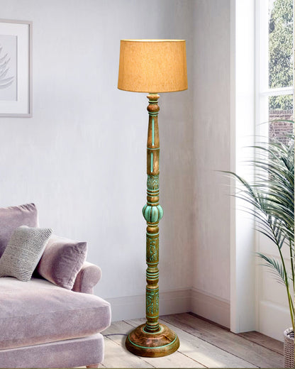Royal Carving Antique Algae finish wooden floor lamp with Fabric Bird Shade