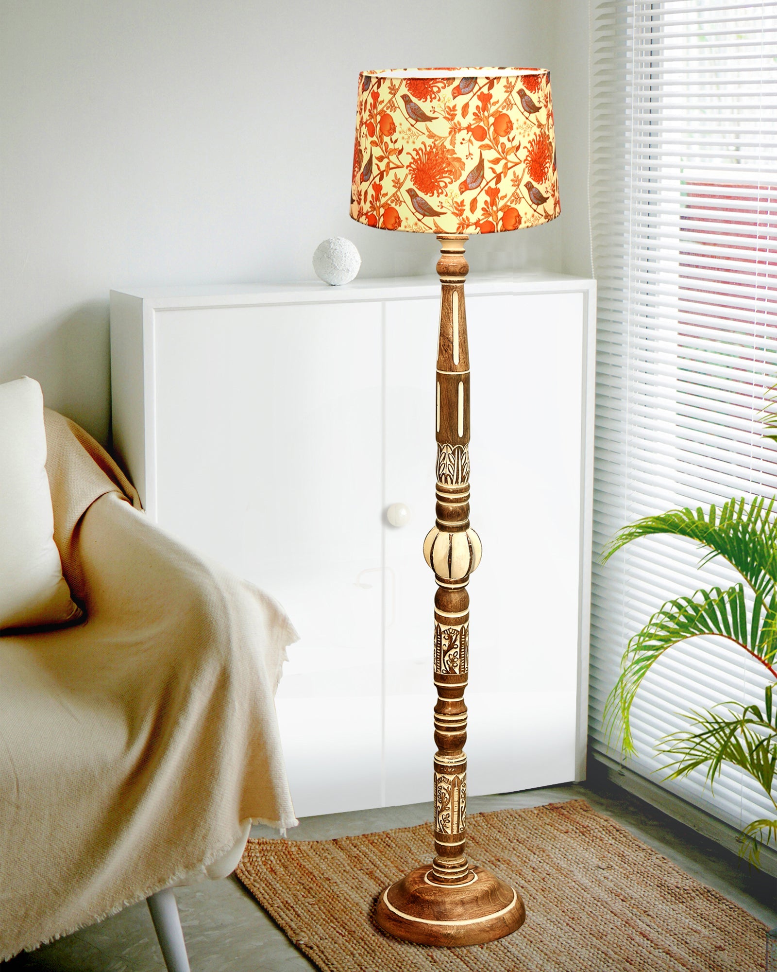 Royal Carving Antique White finish wooden floor lamp with Fabric Bird Shade