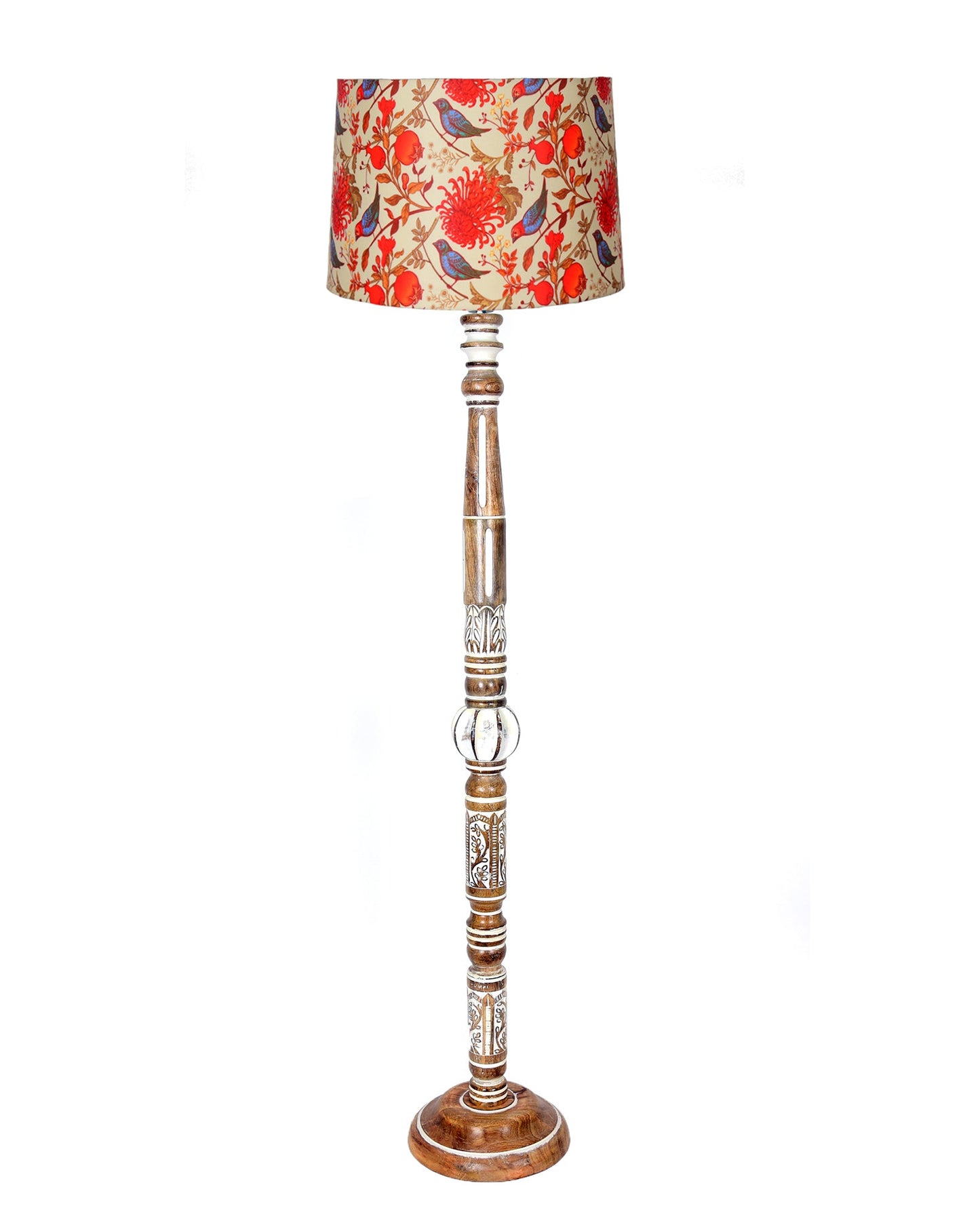 Royal Carving Antique White finish wooden floor lamp with Fabric Bird Shade