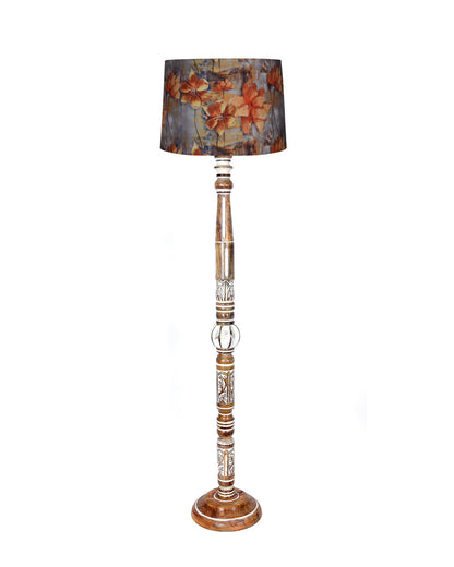 Royal Carving Antique White finish wooden floor lamp with Fabric Bird Shade