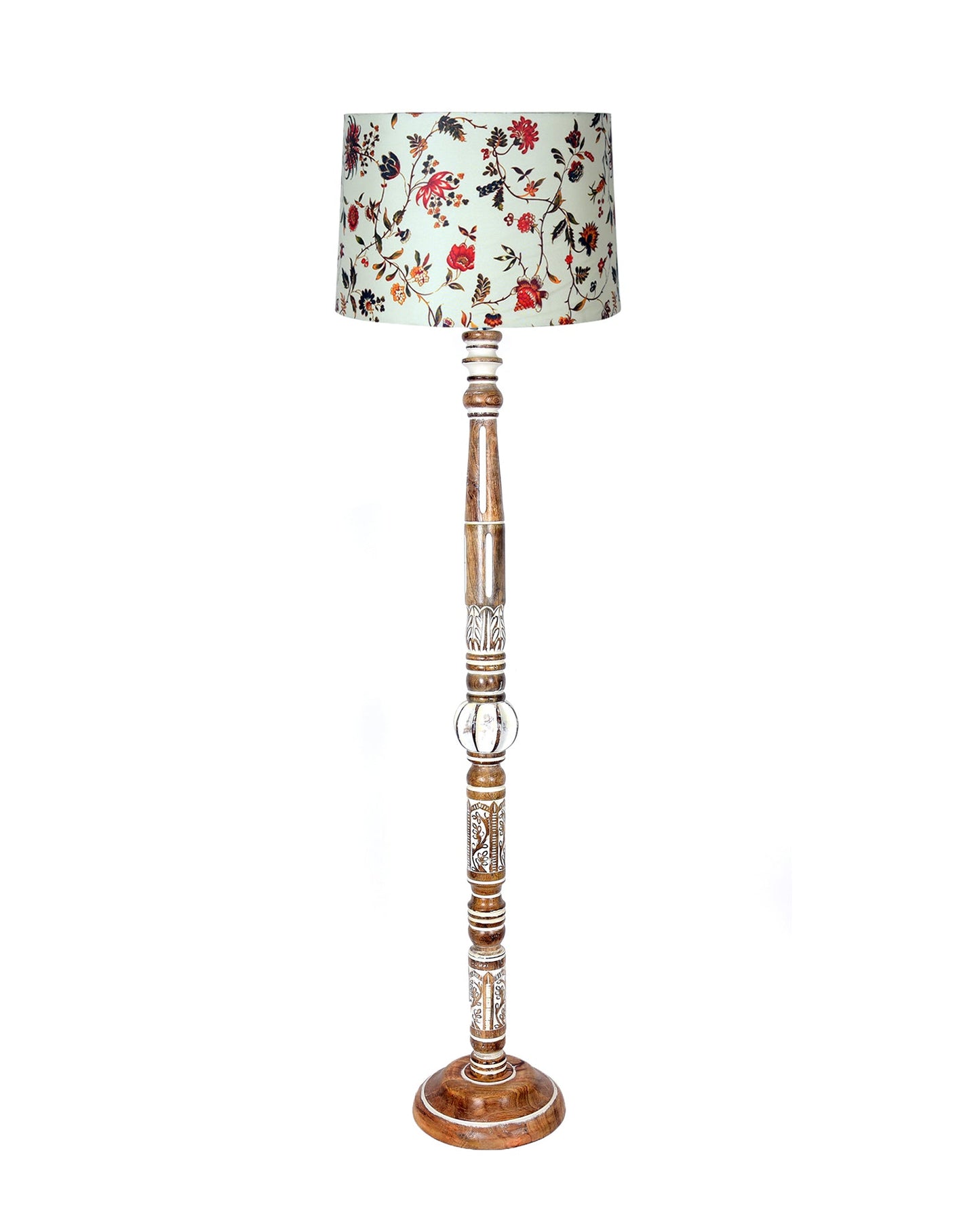Royal Carving Antique White finish wooden floor lamp with Fabric Bird Shade