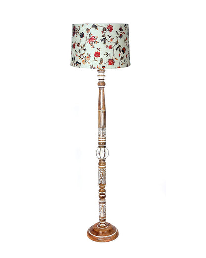 Royal Carving Antique White finish wooden floor lamp with Fabric Bird Shade