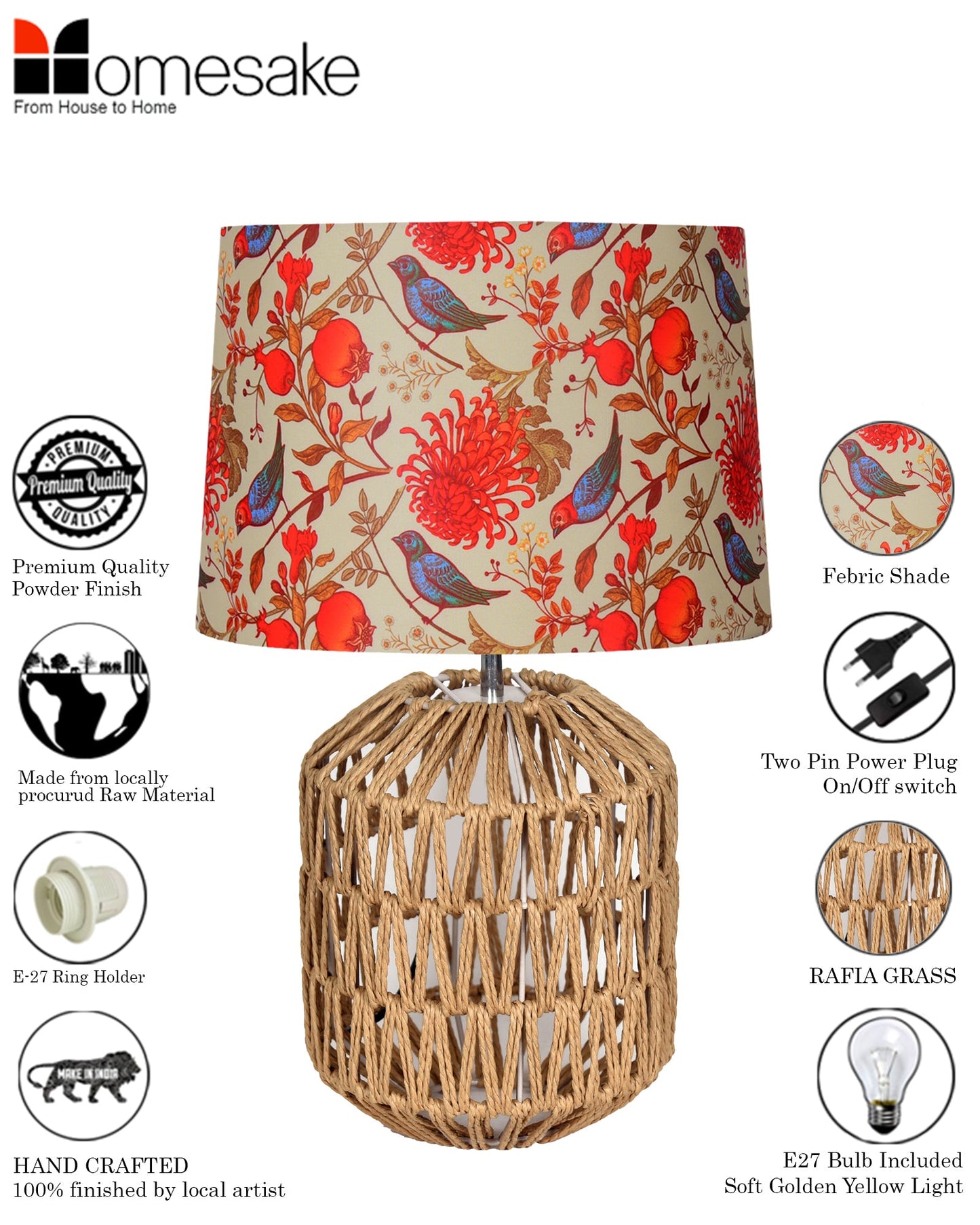 Seagrass Weave Table Lamp Coastal Cottage Bedside Desk Nightstand Lamp for Bedroom Living Room Office College Bookcase Natural Handmade Oval, Bird Drum