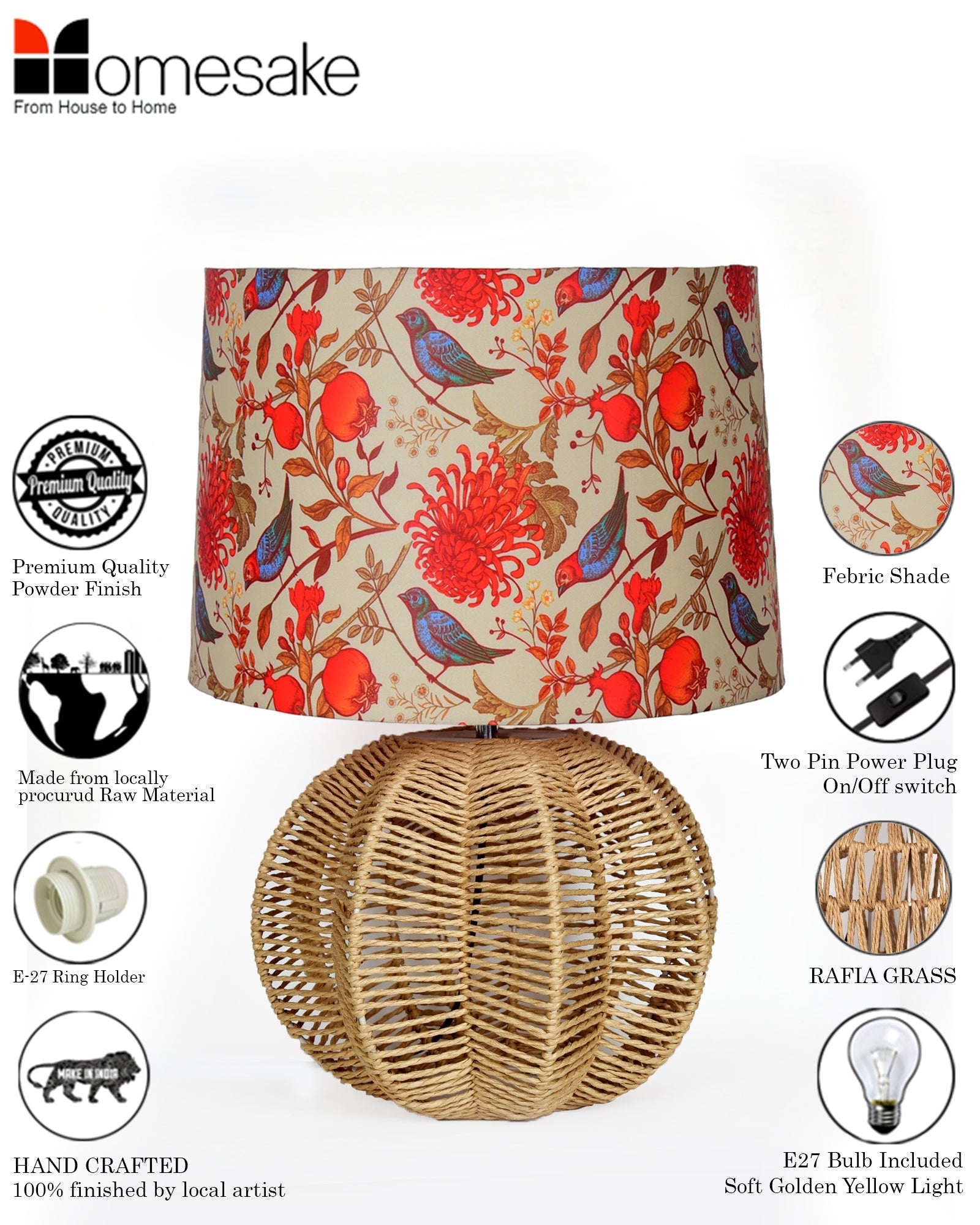 Seagrass Weave Table Lamp Coastal Cottage Bedside Desk Nightstand Lamp for Bedroom Living Room Office College Bookcase Natural Handmade Sphere, Bird Drum