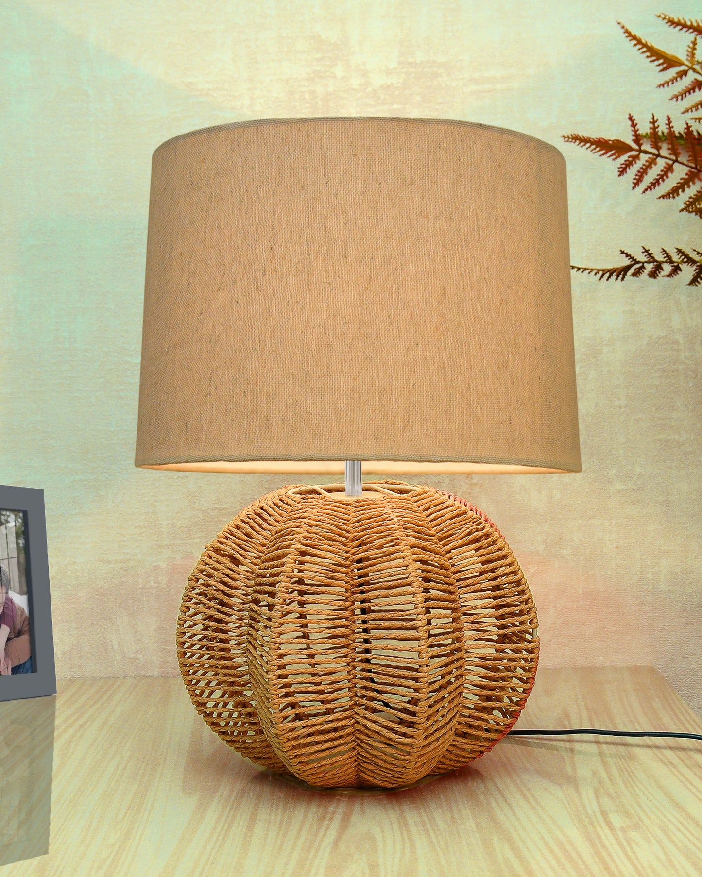 Seagrass Weave Table Lamp Coastal Cottage Bedside Desk Nightstand Lamp for Bedroom Living Room Office College Bookcase Natural Handmade Sphere, Bird Drum