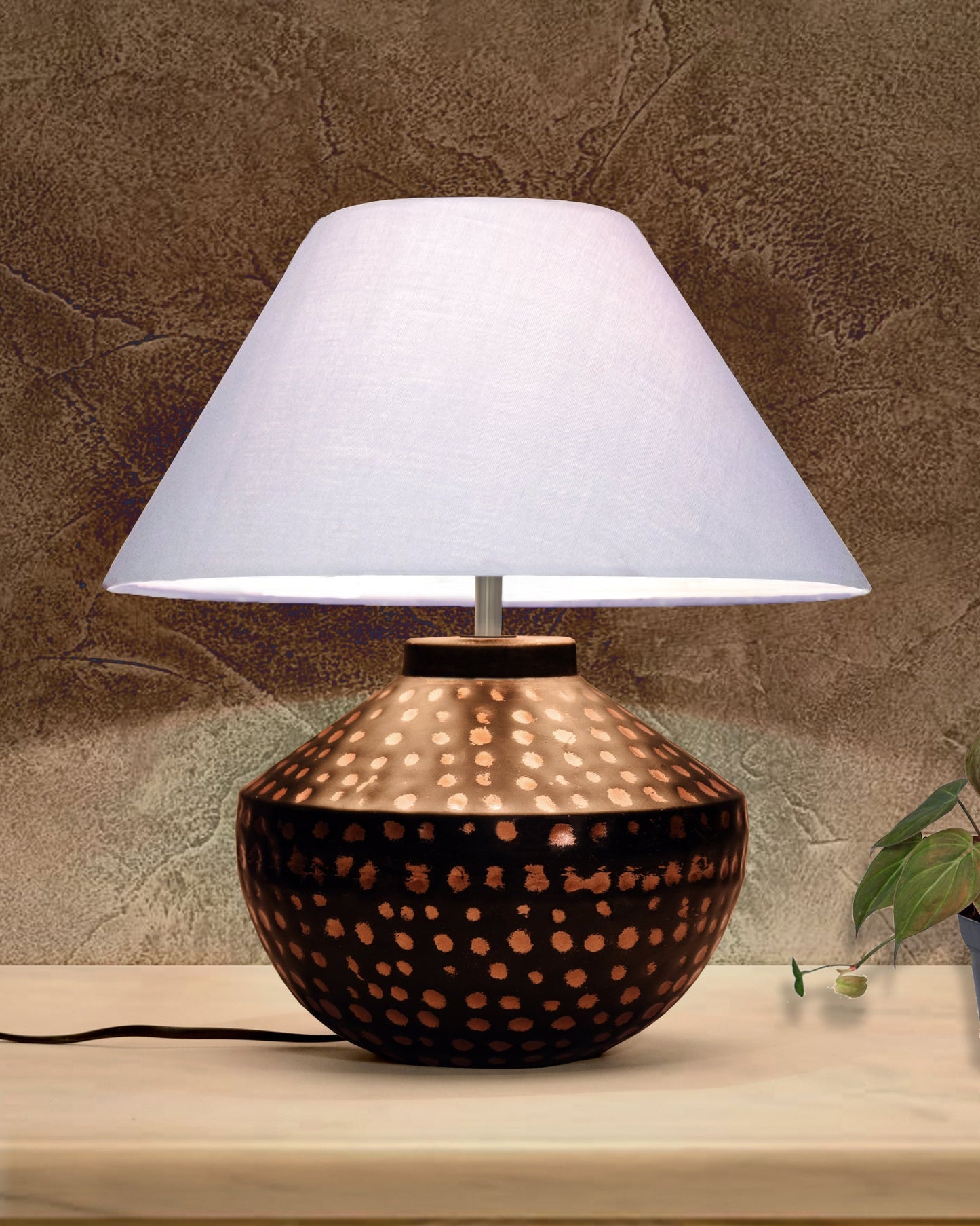 Buckhead Pitcher Modern Accent Table Lamp Warm Bronze Brown Sculptural Geometric Textured Urn Tapered Fabric Drum Shade Bedroom Living Room House Home Bedside Nightstand Office,