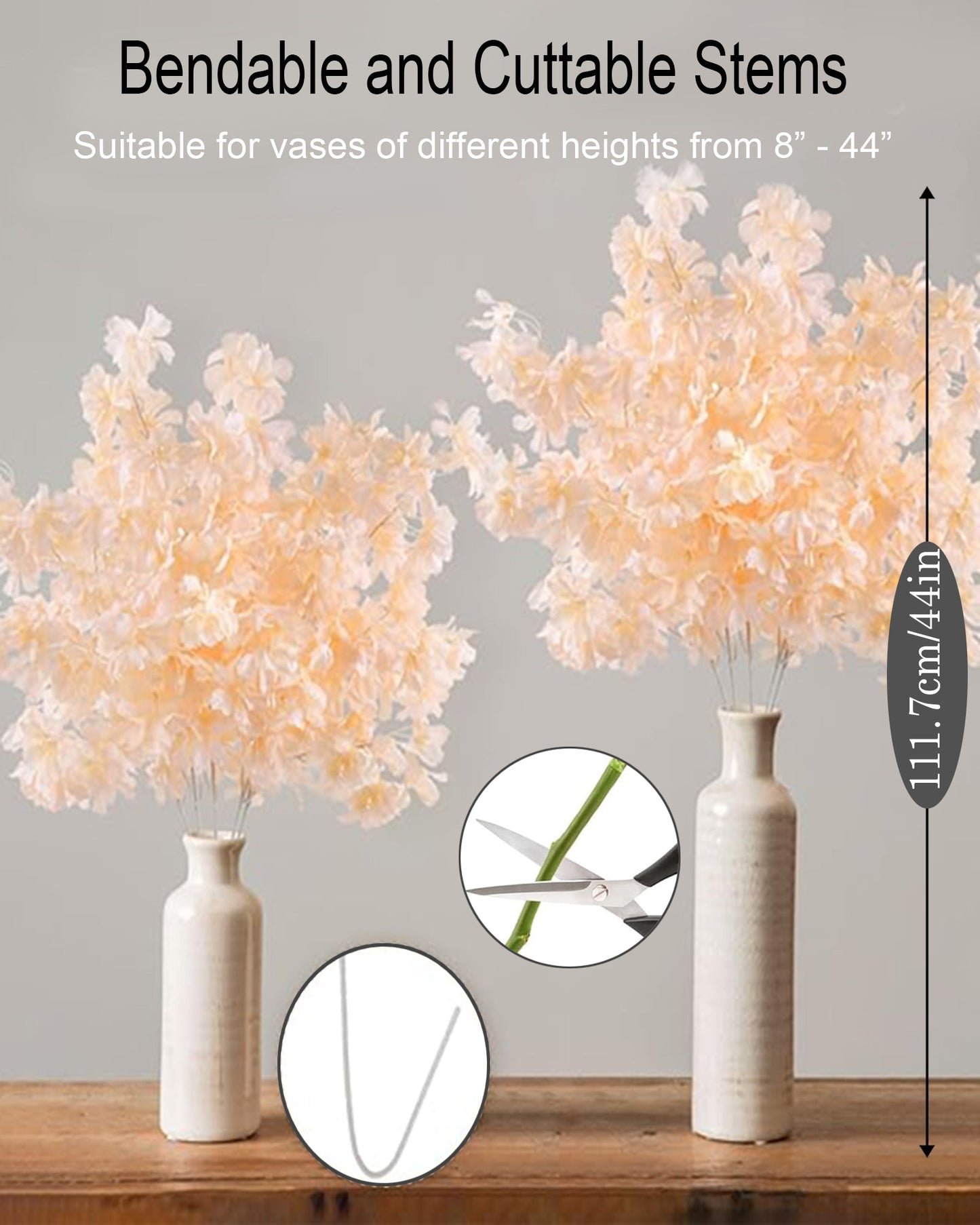 Artificial Long Cherry Blossom Branches Decor, 44 Inch Faux Cherry Blossom Flowers for Tall Floor Vase Wedding Home Decoration, Faux Pink for Dinner Table Centerpiece, set of 2 sticks, Champagne