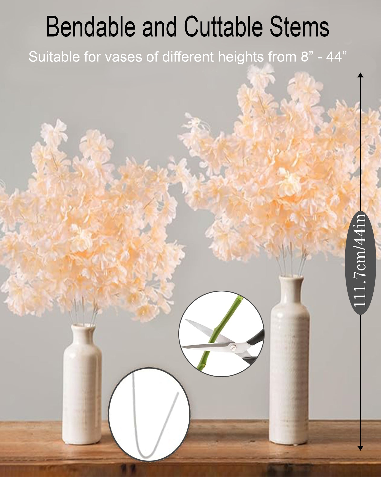 Artificial Long Cherry Blossom Branches Decor, 44 Inch Faux Cherry Blossom Flowers for Tall Floor Vase Wedding Home Decoration, Faux Pink for Dinner Table Centerpiece, set of 2 sticks, Champagne