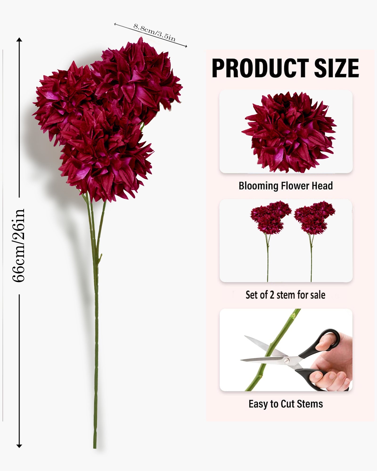 Artificial Long Chrysanthemum  Flower Branches Decor, 26 Inch Faux Large three Dahalia Flowers for Tall Floor Vase Wedding Home Decoration, Synthetic for Dinner Table Centerpiece, set of 2 sticks, Vine Red