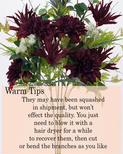 Artificial Long Chrysanthemum  Flower Branches Decor, 26 Inch Faux Large three Dahalia Flowers for Tall Floor Vase Wedding Home Decoration, Synthetic for Dinner Table Centerpiece, set of 2 sticks, Vine Red
