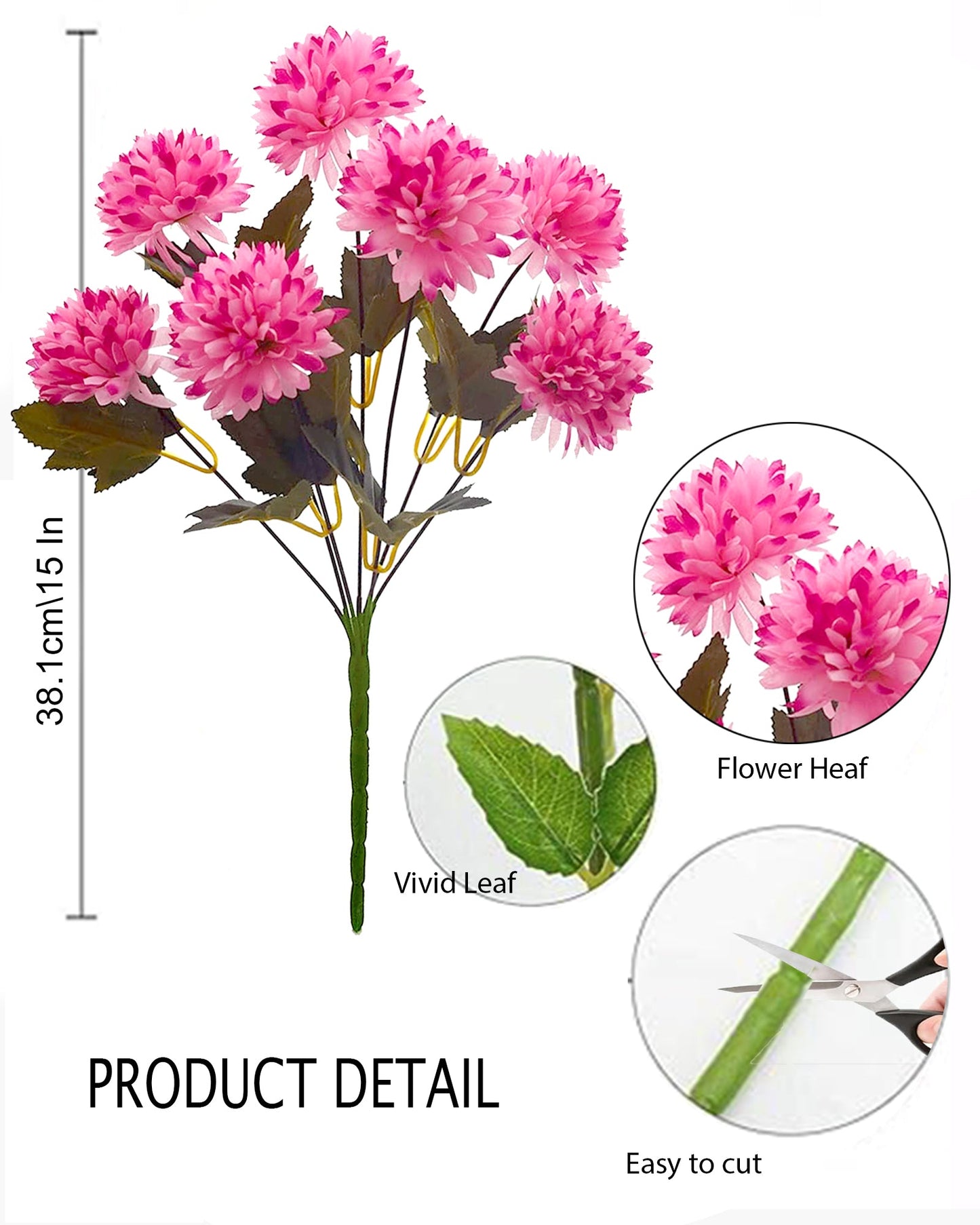 Artificial Chrysanthemum Ball Flowers 14 flowers, 2 sticks Faux Mums Fake Silk Flowers for Bridal Wedding Centerpieces Arrangements Party Home Garden DIY Decor, Pink