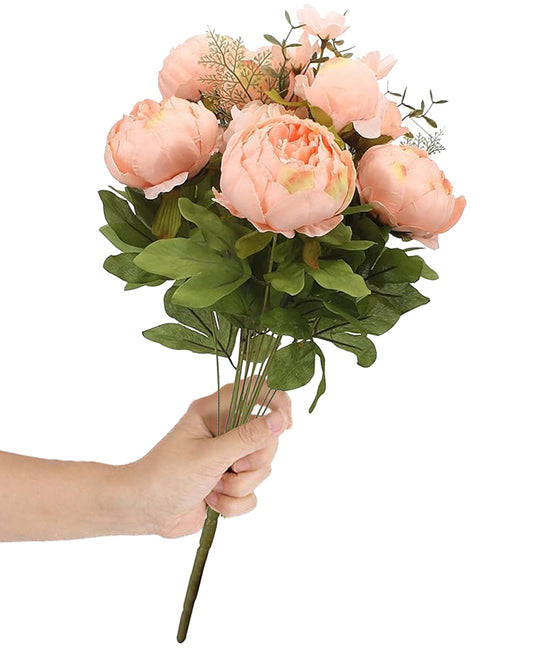 Artificial Flowers Peony Bouquet Silk Rose Vase for Home Decor Garden Wedding Decorative Fake Plants Christmas Garland Material, 12 Flowers, 2 Sticks, Champagne