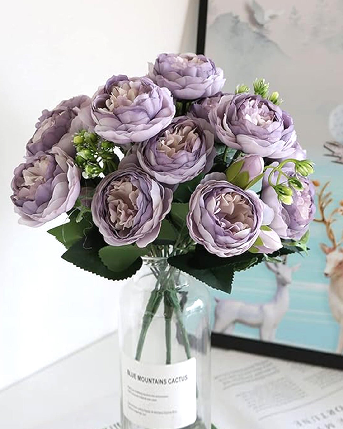 Artificial Flowers Peony Bouquet Silk Rose Vase for Home Decor Garden Wedding Decorative Fake Plants Christmas Garland Material, 12 Flowers, 2 Sticks, Champagne
