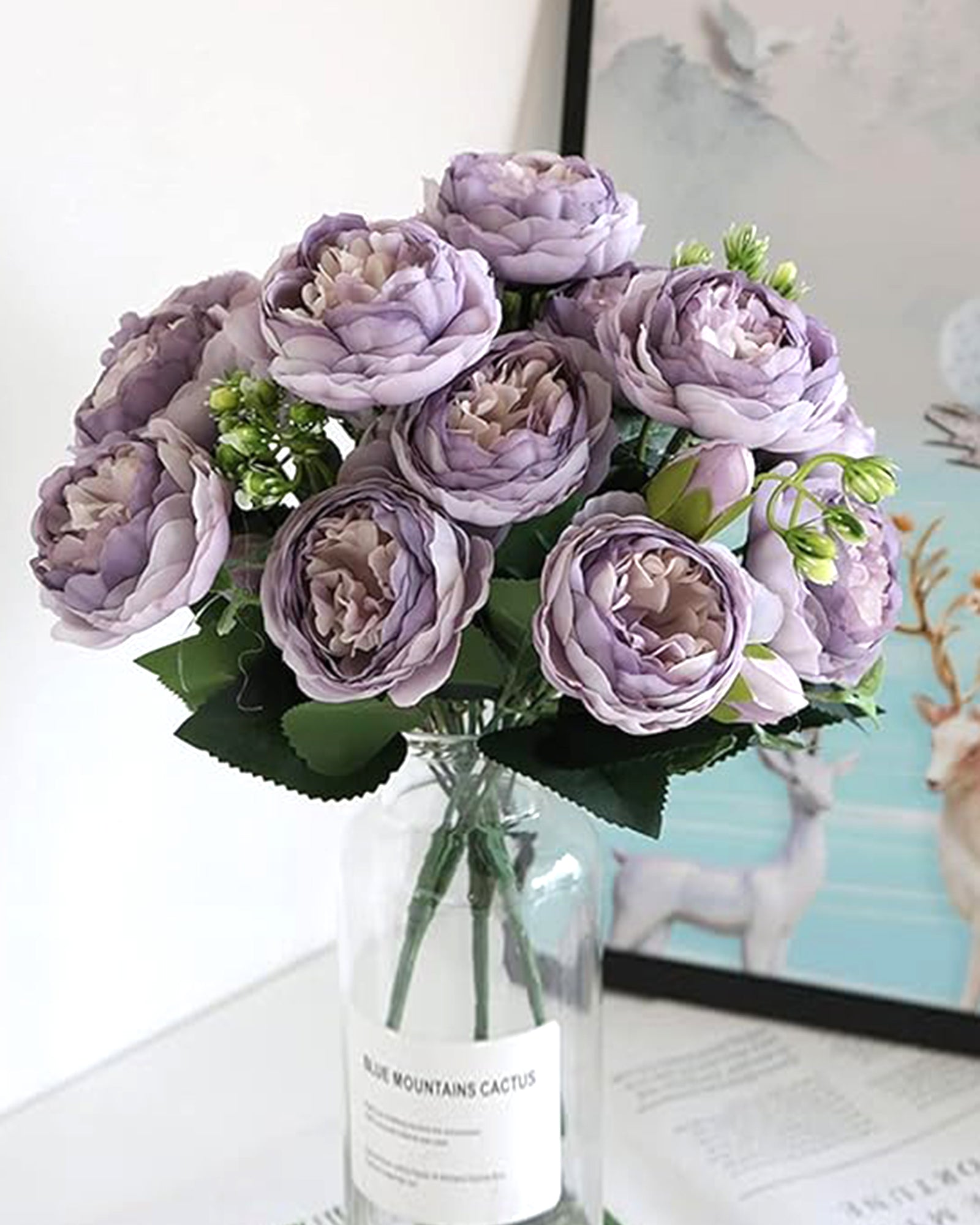 Artificial Flowers Peony Bouquet Silk Rose Vase for Home Decor Garden Wedding Decorative Fake Plants Christmas Garland Material, 12 Flowers, 2 Sticks, Champagne