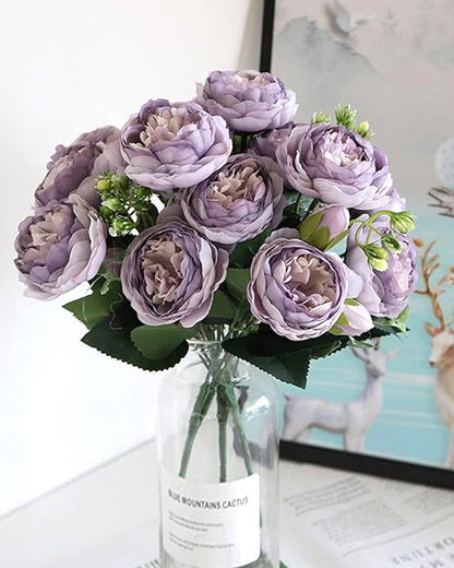 Artificial Flowers Peony Bouquet Silk Rose Vase for Home Decor Garden Wedding Decorative Fake Plants Christmas Garland Material, 12 Flowers, 2 Sticks, Champagne