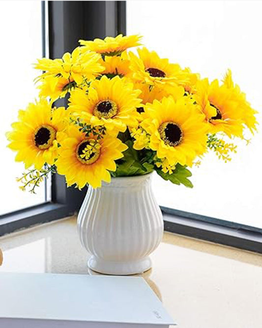 Artificial Sunflowers Stick Bunch | Realistic Look & Charming Flowers | 7 Heads Bouquet for Home Decor, Bedroom, Balcony, Wedding (Without Vase Pot), 1 Piece