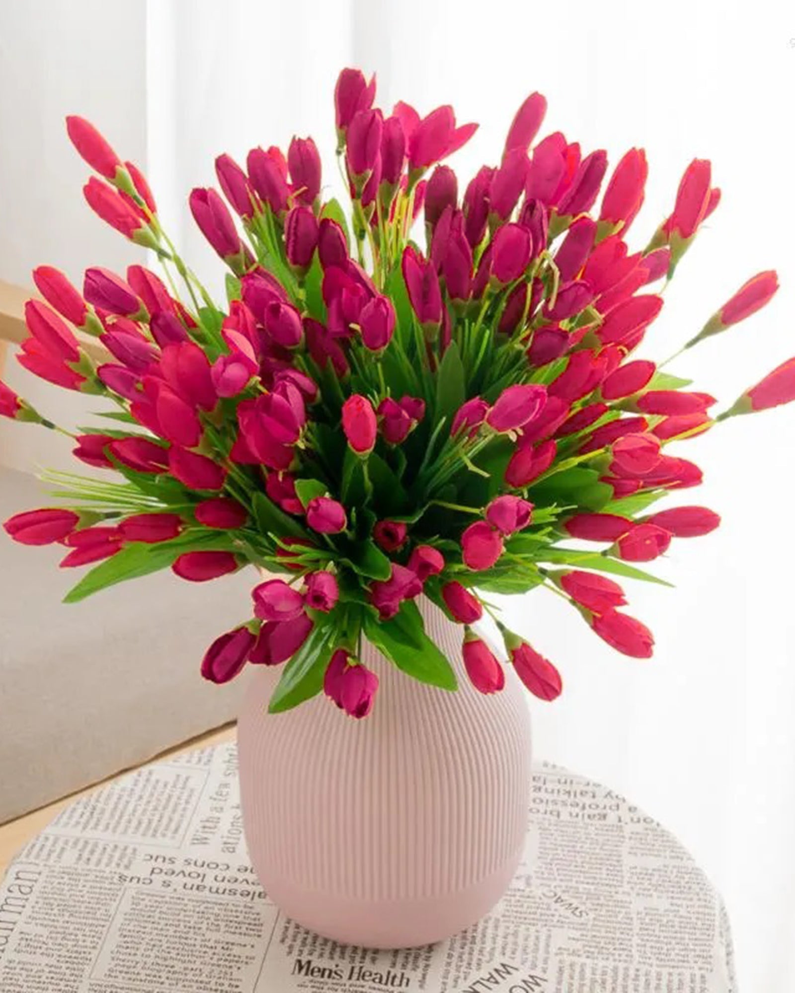 Artificial Tulip Flowers Bunches For Vase Home Decoration Items For Living Room Corner Table Top Bedroom Wedding Party Decorative Gift (Vase Not Included) Silk, 1 binch, 15 Tulips, 34 cm, Pink