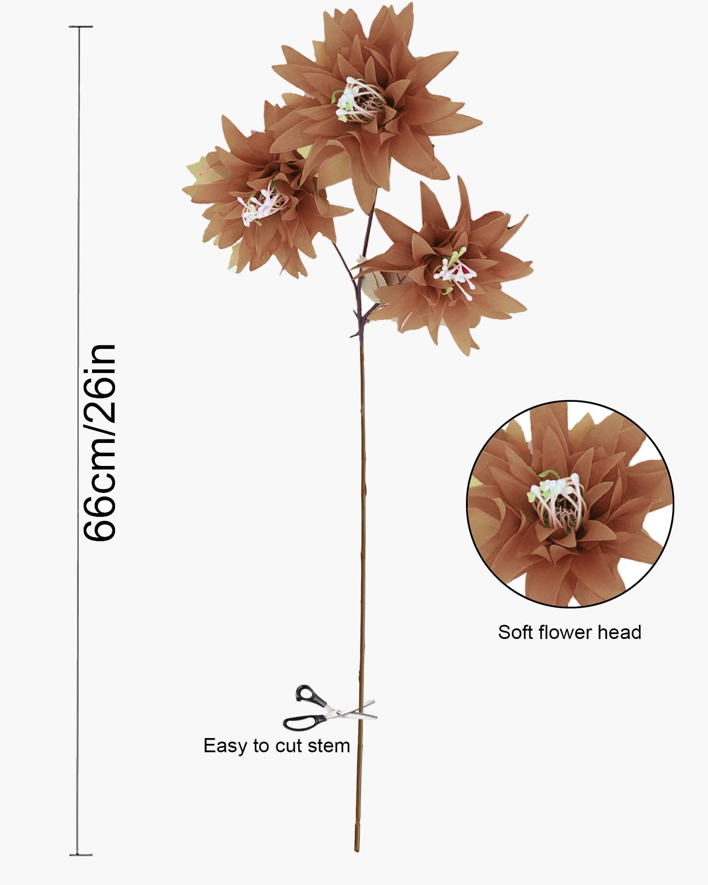 Artifical Dahlia Stick 3 Heads, 2 Sticks Fake Real Touch Flower for Living Room, Home, Office,Bedroom,Pooja, Diwali,DIY-Craft, Banquet Wedding Decoration, Snow Lotus, Brown