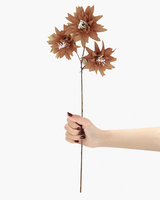 Artifical Dahlia Stick 3 Heads, 2 Sticks Fake Real Touch Flower for Living Room, Home, Office,Bedroom,Pooja, Diwali,DIY-Craft, Banquet Wedding Decoration, Snow Lotus, Brown