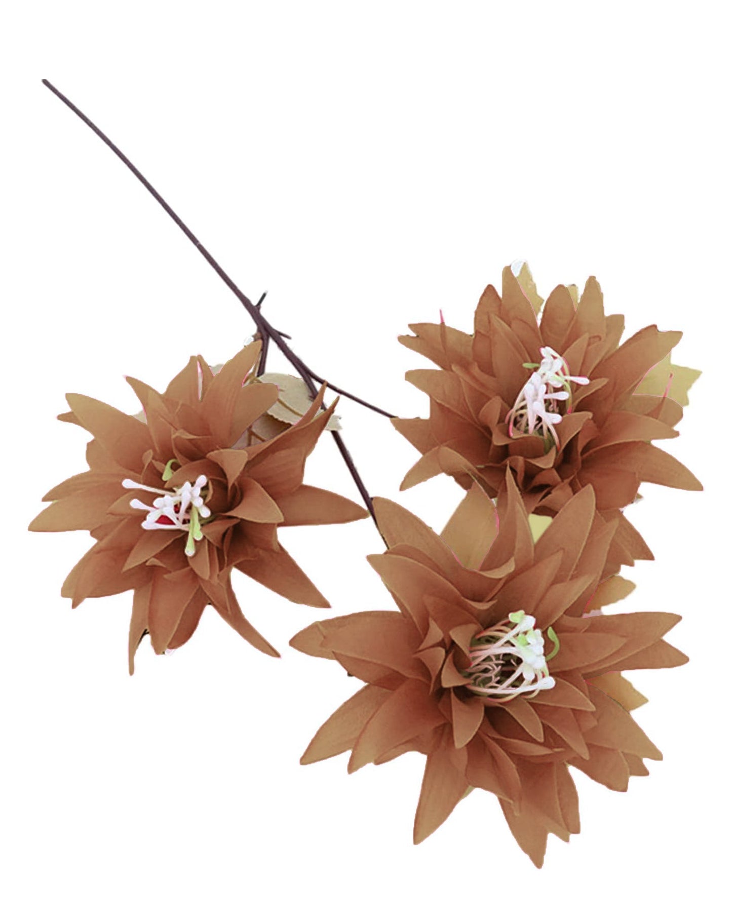 Artifical Dahlia Stick 3 Heads, 2 Sticks Fake Real Touch Flower for Living Room, Home, Office,Bedroom,Pooja, Diwali,DIY-Craft, Banquet Wedding Decoration, Snow Lotus, Brown