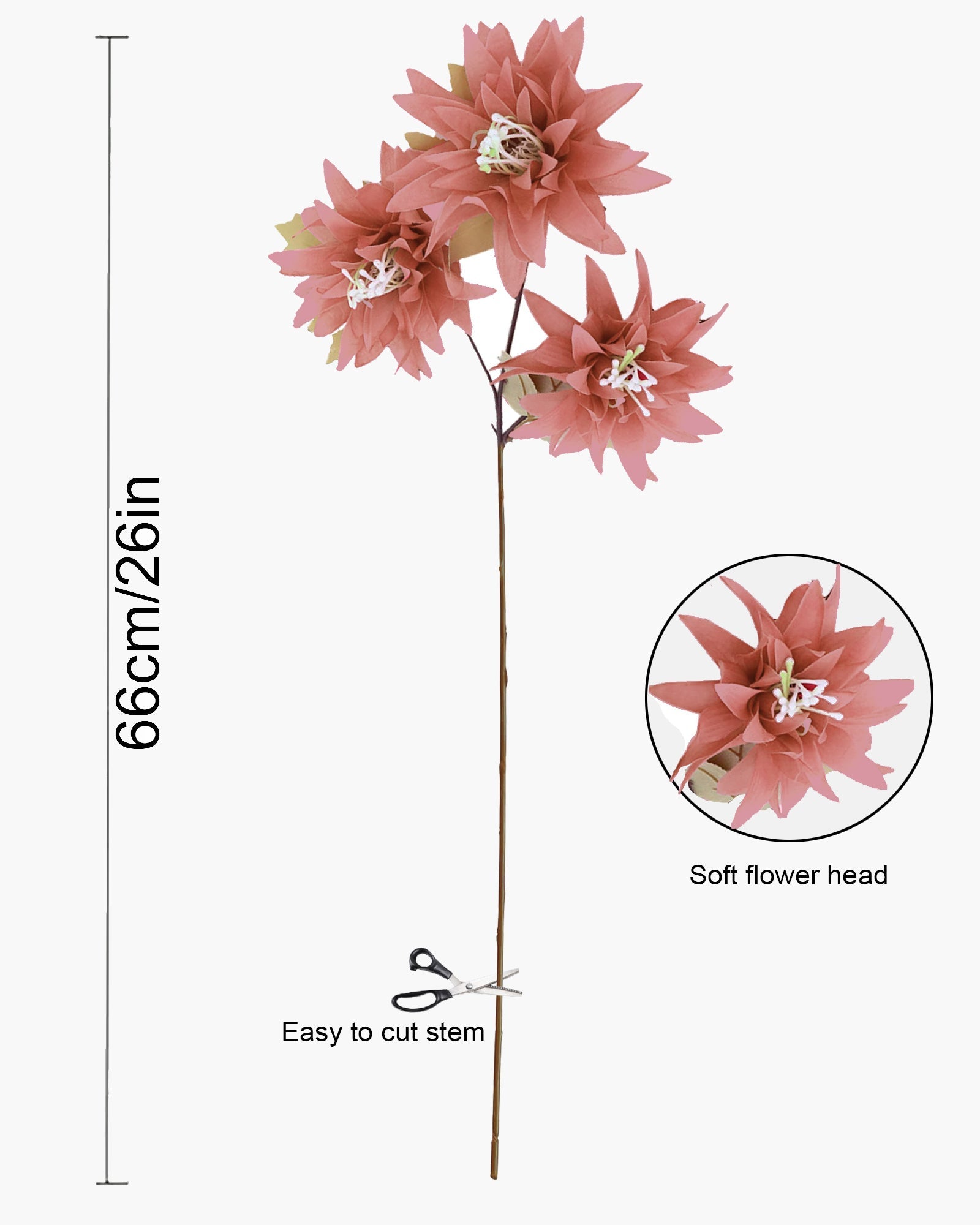 Artifical Dahlia Stick 3 Heads, 2 Sticks Fake Real Touch Flower for Living Room, Home, Office,Bedroom,Pooja, Diwali,DIY-Craft, Banquet Wedding Decoration, Snow Lotus, Brown