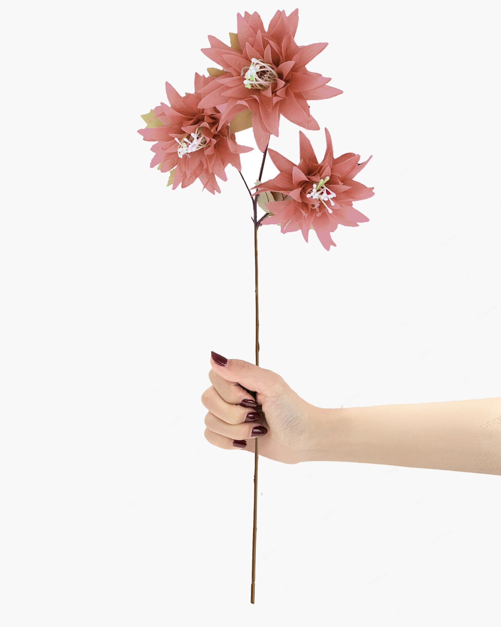 Artifical Dahlia Stick 3 Heads, 2 Sticks Fake Real Touch Flower for Living Room, Home, Office,Bedroom,Pooja, Diwali,DIY-Craft, Banquet Wedding Decoration, Snow Lotus, Brown