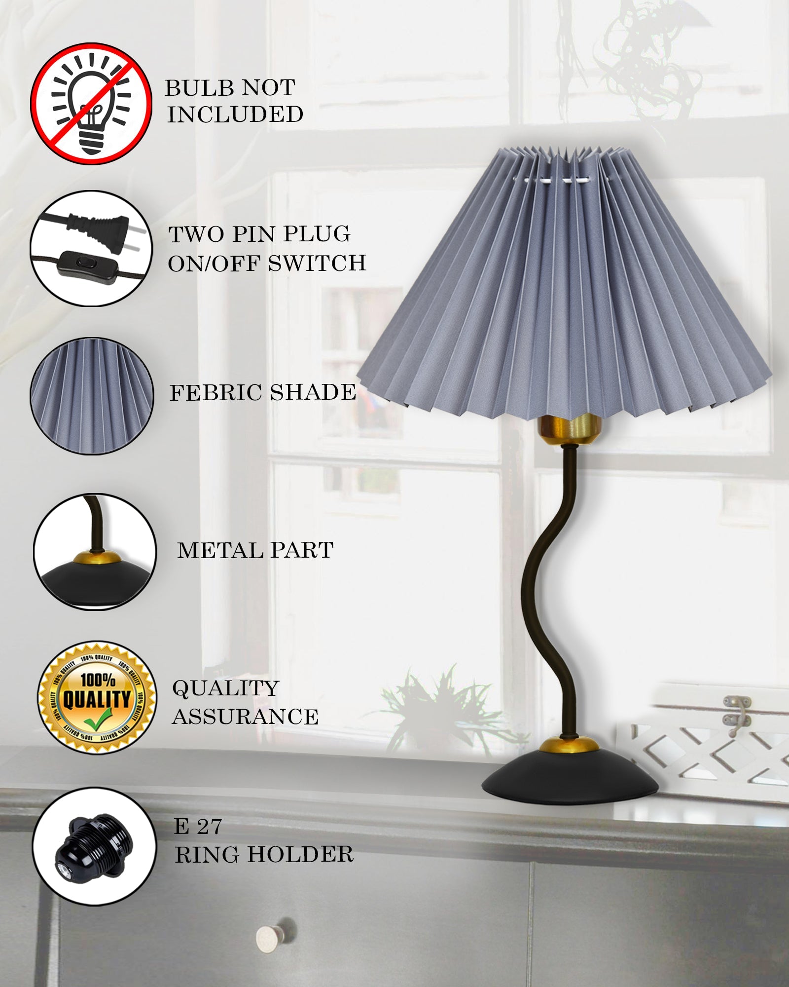 Matt Black Twister Small Pleated Lamp, Modern Bedside Nightstand/Table Lamp with Lampshade, Metal Base for Bedroom, Home Office, Living Room, Kids Dorm, E27 Holder, Pleated Jute Shade