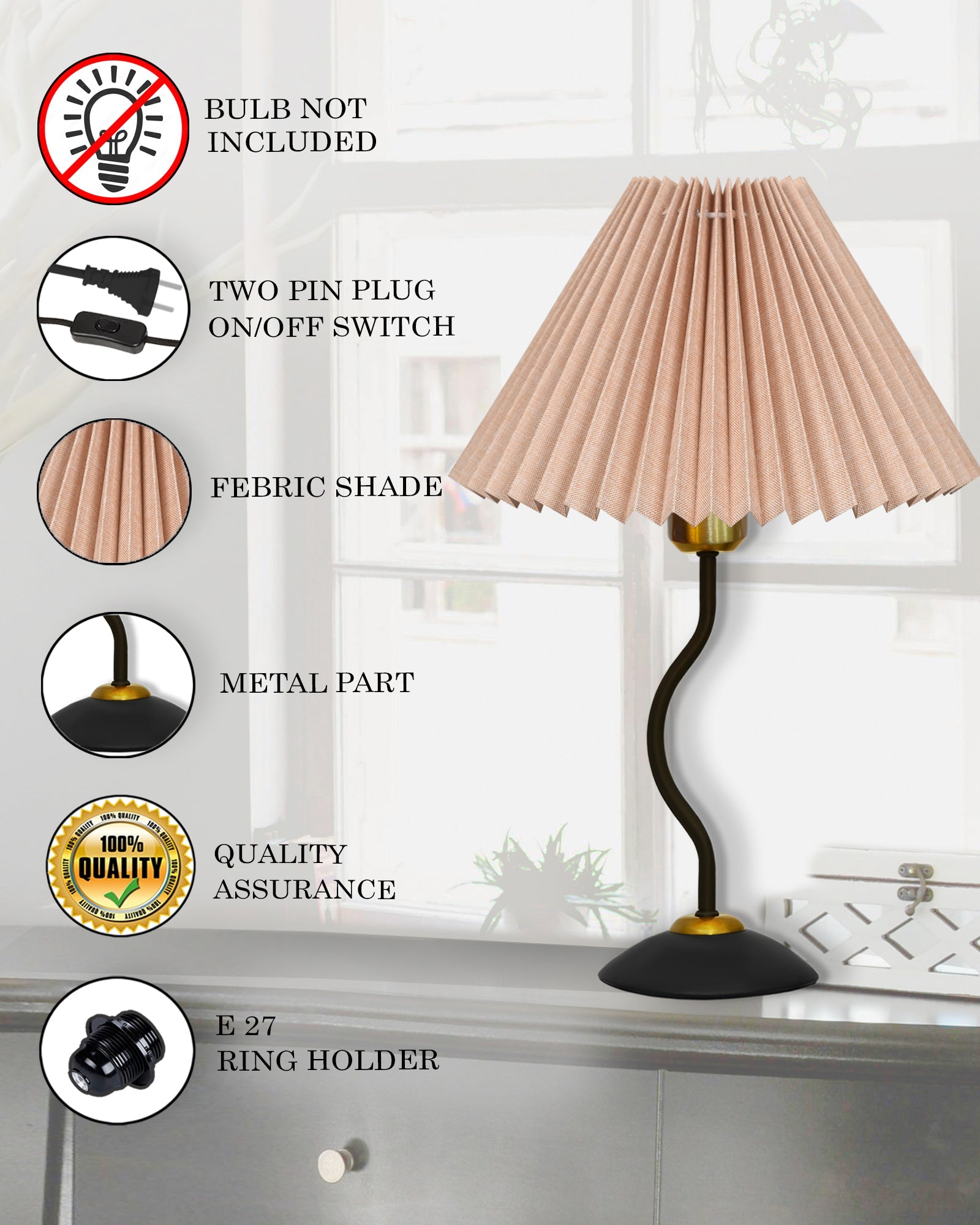 Matt Black Twister Small Pleated Lamp, Modern Bedside Nightstand/Table Lamp with Lampshade, Metal Base for Bedroom, Home Office, Living Room, Kids Dorm, E27 Holder, Pleated Jute Shade