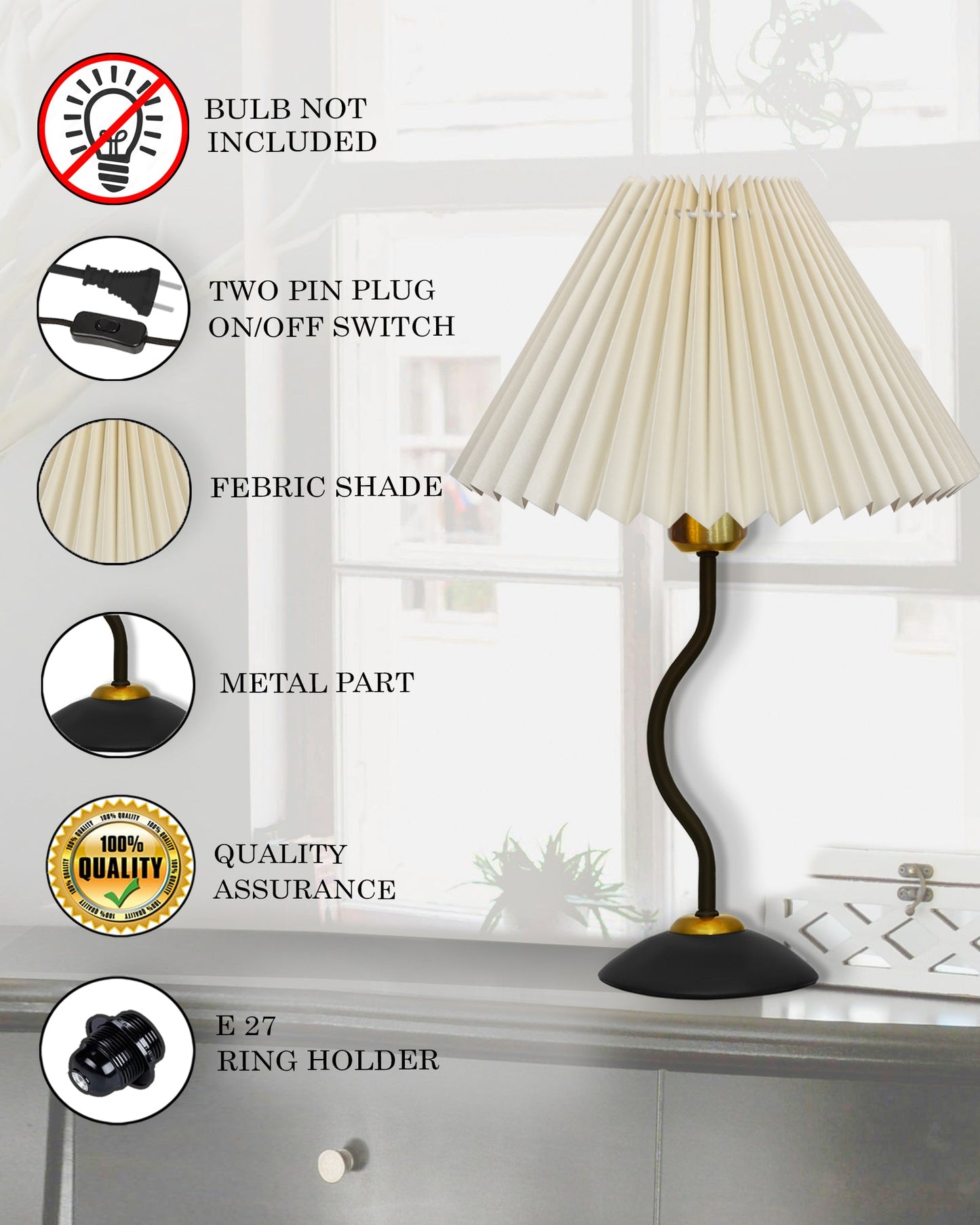 Matt Black Twister Small Pleated Lamp, Modern Bedside Nightstand/Table Lamp with Lampshade, Metal Base for Bedroom, Home Office, Living Room, Kids Dorm, E27 Holder, Pleated Jute Shade