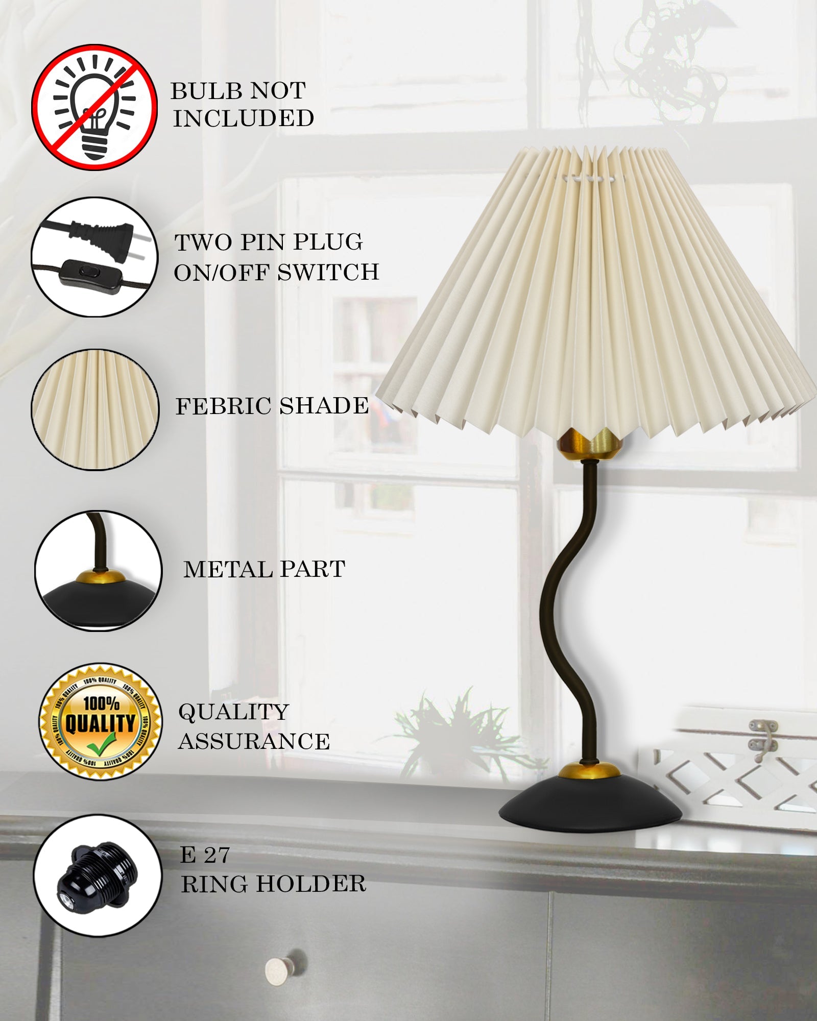 Matt Black Twister Small Pleated Lamp, Modern Bedside Nightstand/Table Lamp with Lampshade, Metal Base for Bedroom, Home Office, Living Room, Kids Dorm, E27 Holder, Pleated Jute Shade