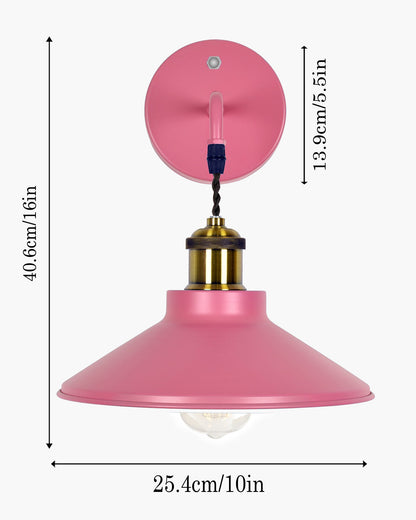 Modern Industrial Wall Sconce, Metal Cone Wall Light Fixture with Golden Holder, 1-Light Painted Wall Lamp for Bedroom, Living Room, Bathroom, Pink