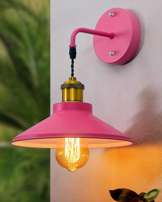 Modern Industrial Wall Sconce, Metal Cone Wall Light Fixture with Golden Holder, 1-Light Painted Wall Lamp for Bedroom, Living Room, Bathroom, Pink