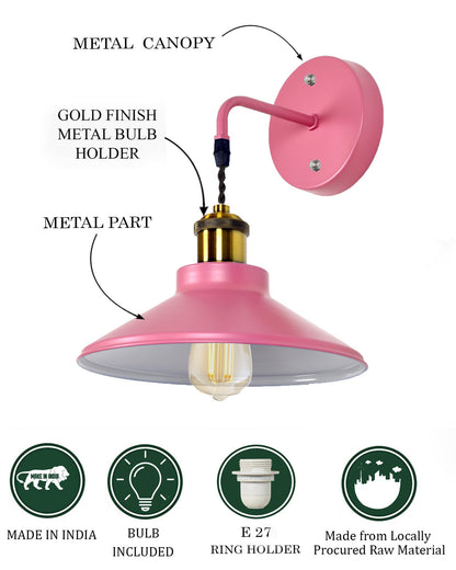 Modern Industrial Wall Sconce, Metal Cone Wall Light Fixture with Golden Holder, 1-Light Painted Wall Lamp for Bedroom, Living Room, Bathroom, Pink