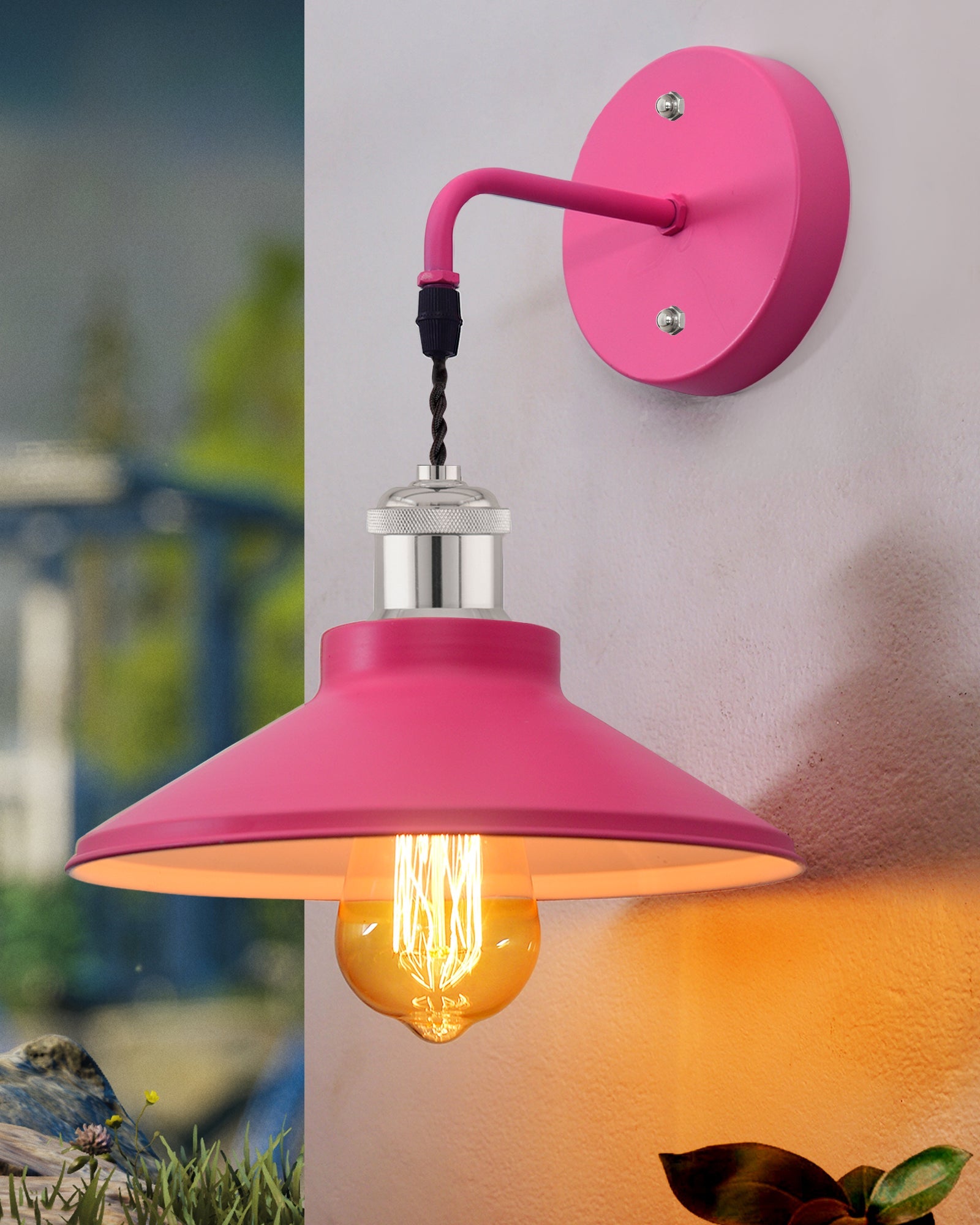 Modern Industrial Wall Sconce, Metal Cone Wall Light Fixture with Golden Holder, 1-Light Painted Wall Lamp for Bedroom, Living Room, Bathroom, Pink