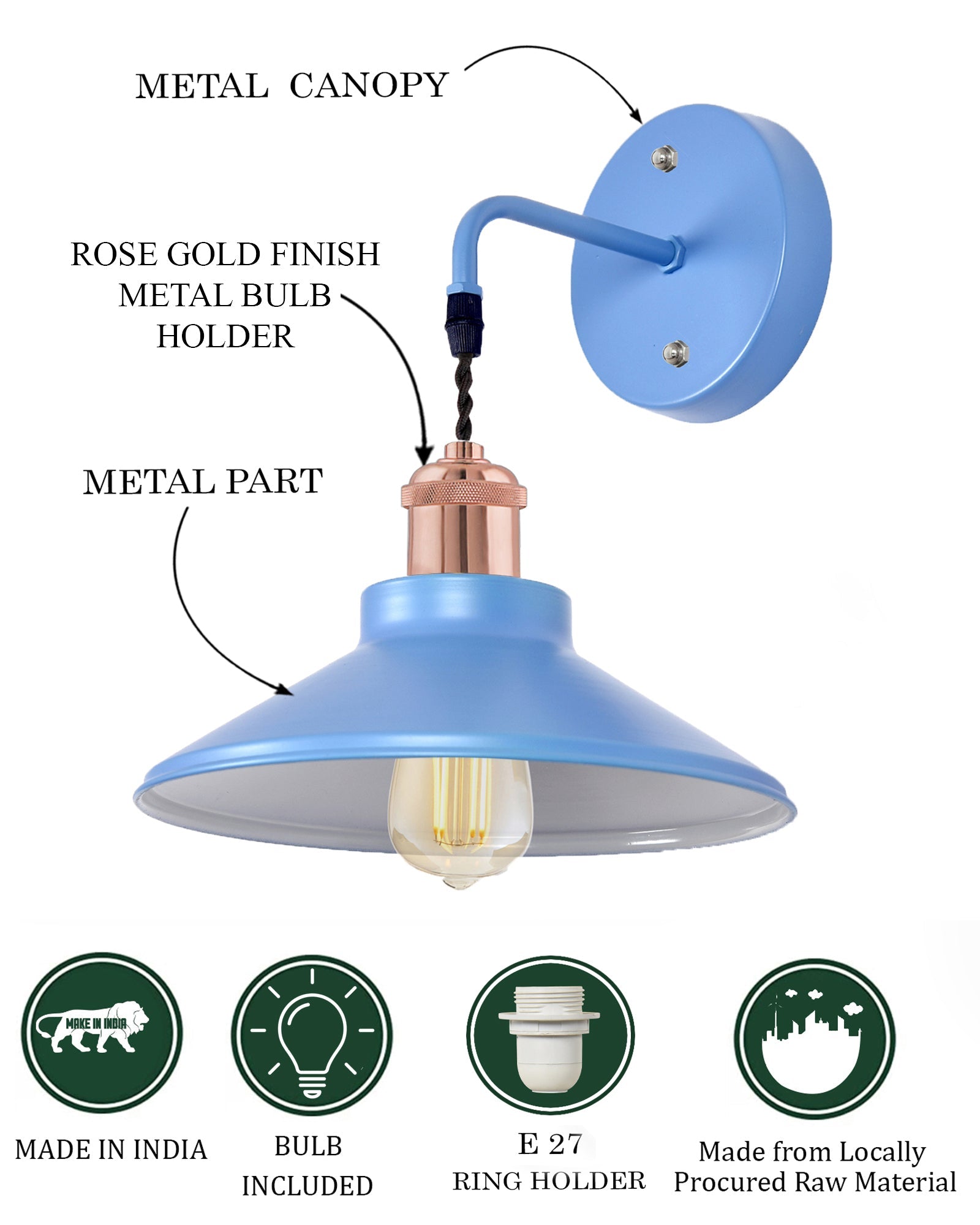 Modern Industrial Wall Sconce, Metal Cone Wall Light Fixture with Golden Holder, 1-Light Painted Wall Lamp for Bedroom, Living Room, Bathroom, Pink