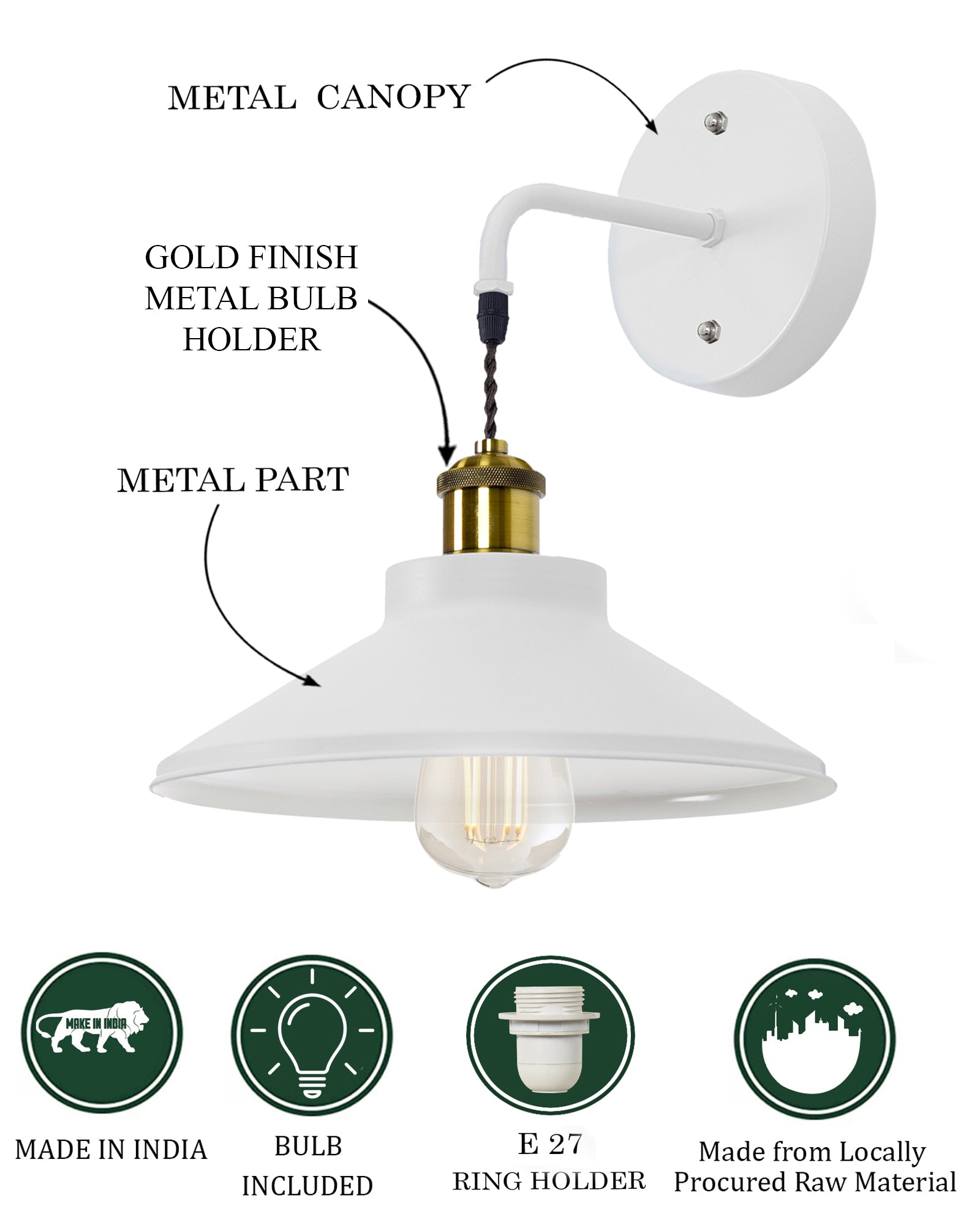 Modern Industrial Wall Sconce, Metal Cone Wall Light Fixture with Golden Holder, 1-Light Painted Wall Lamp for Bedroom, Living Room, Bathroom, Pink