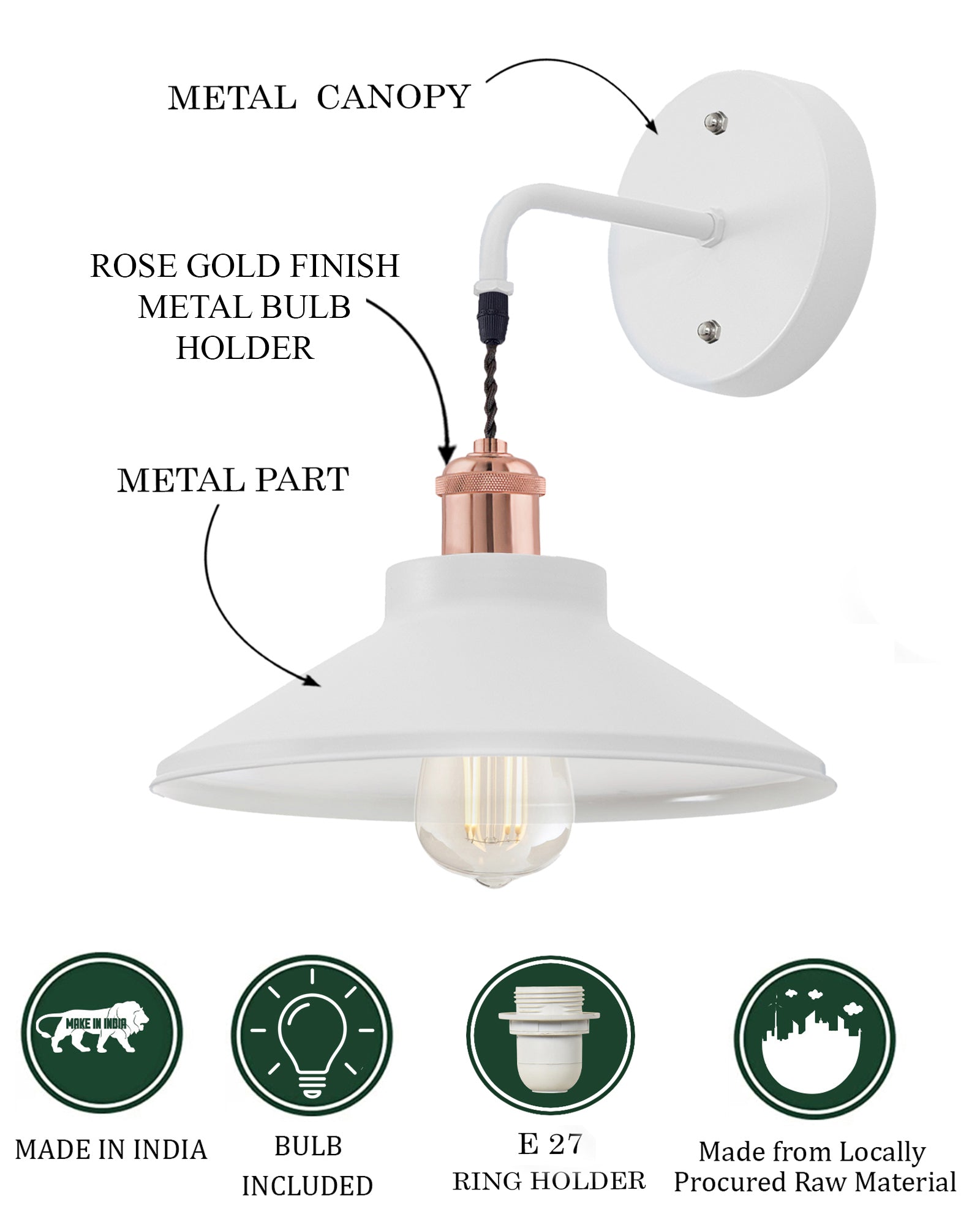 Modern Industrial Wall Sconce, Metal Cone Wall Light Fixture with Golden Holder, 1-Light Painted Wall Lamp for Bedroom, Living Room, Bathroom, Pink