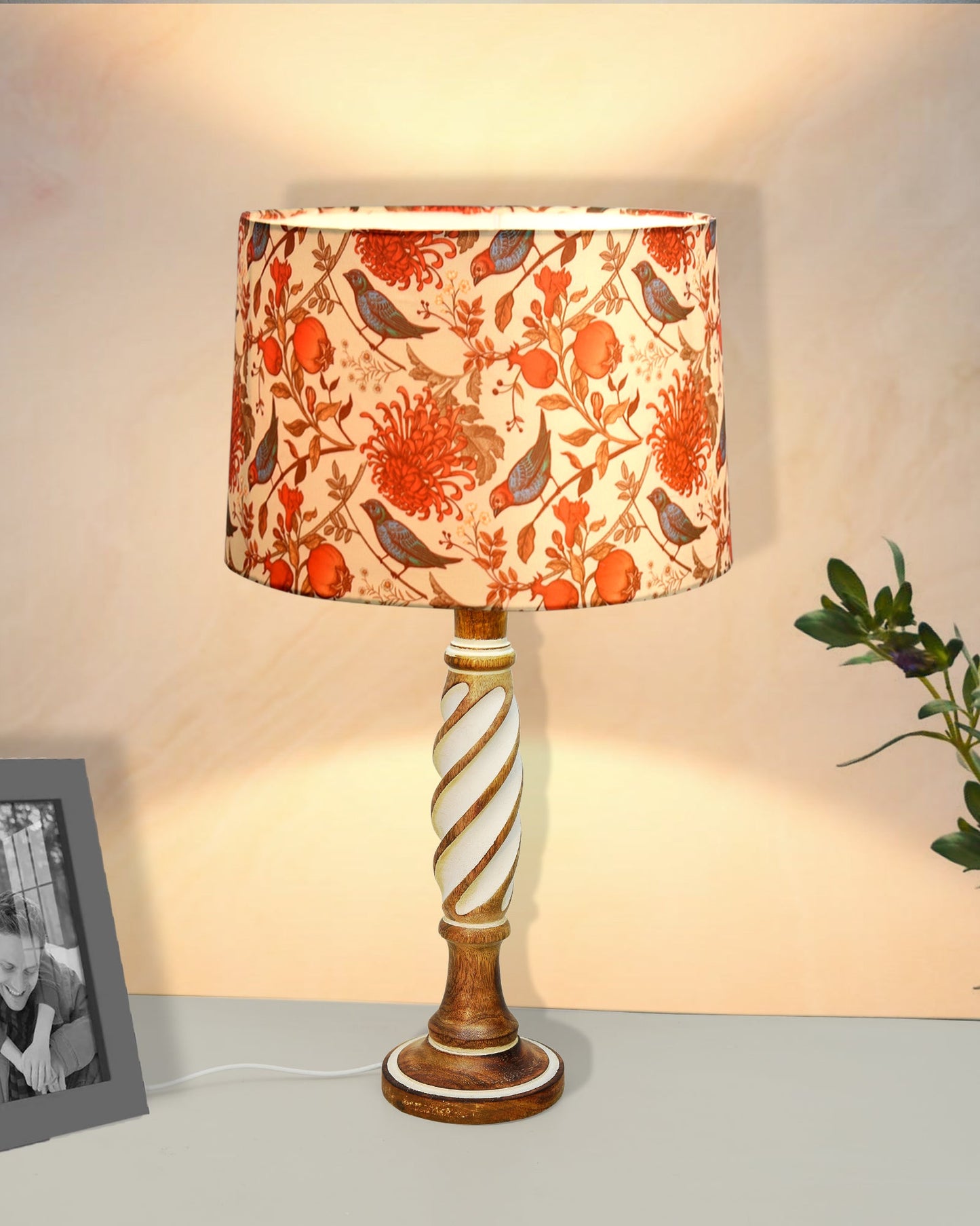 Antique White Twister Wood Table lamp, Rustic Farmhouse Bedside Light, Khadi Fabric shade