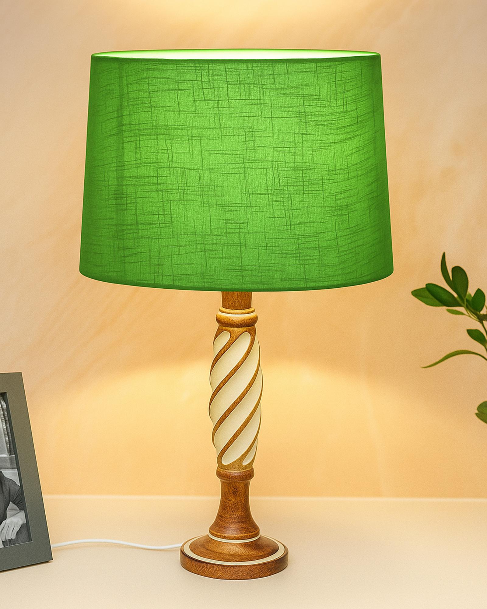 Antique White Twister Wood Table lamp, Rustic Farmhouse Bedside Light, Khadi Fabric shade